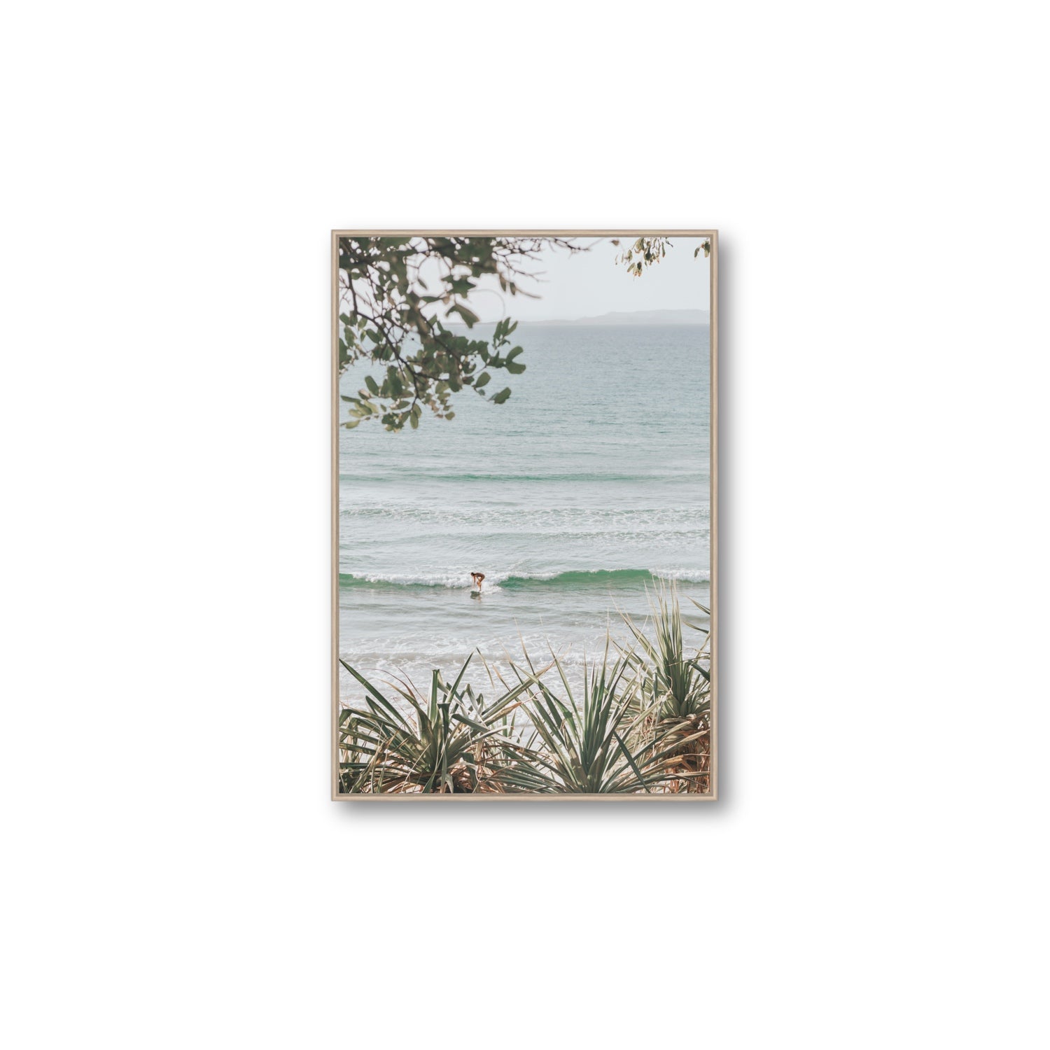 Dream Boat fine art print, Noosa, Australia, coastal scenes artwork, Large, Natural Oak Float Frame, Fine Art Canvas