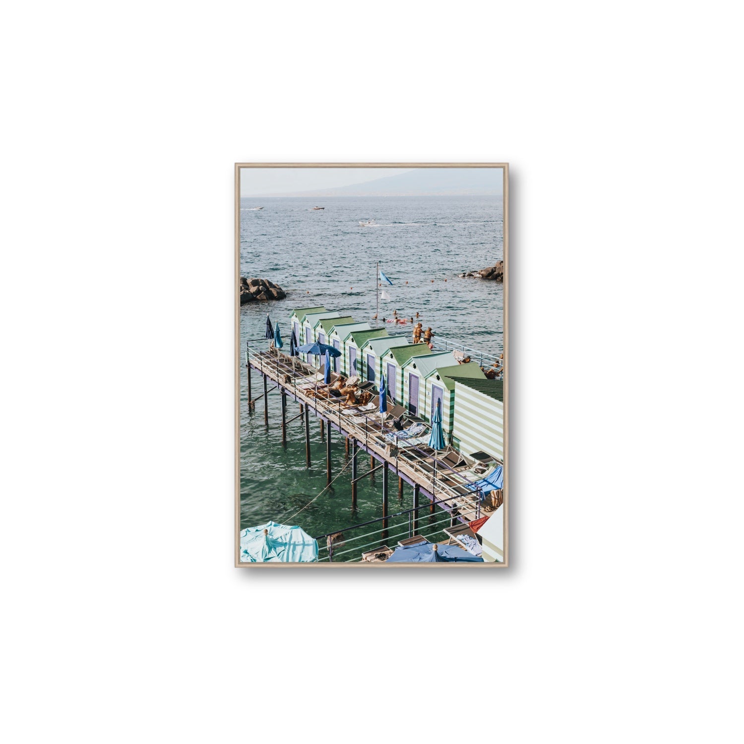 Cabine da Spiaggia fine art print, Sorrento, Italy, Large, Natural Oak Float Frame, Fine Art Canvas