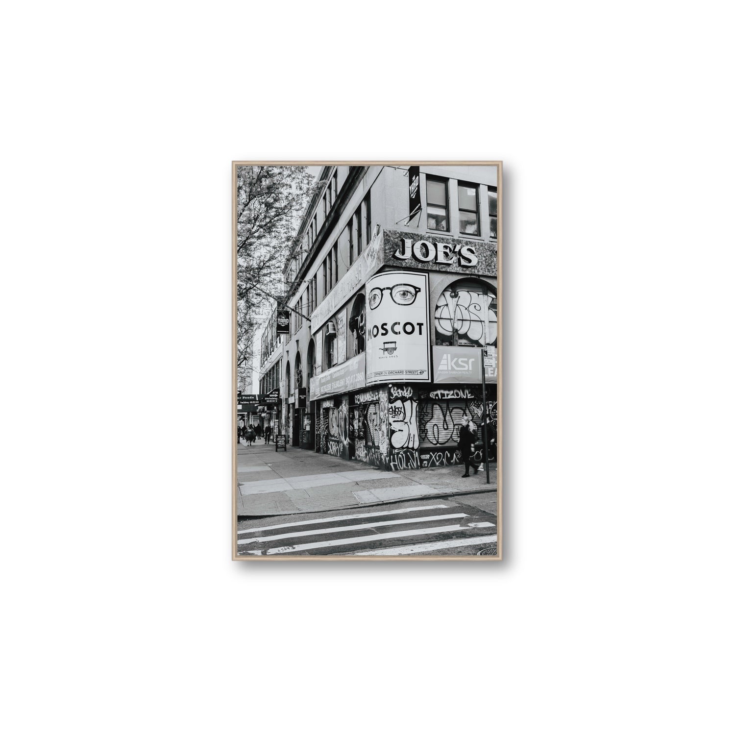 Lower East Side Murals New York NYC Black & White wall art Large fine art canvas in natural oak float frame