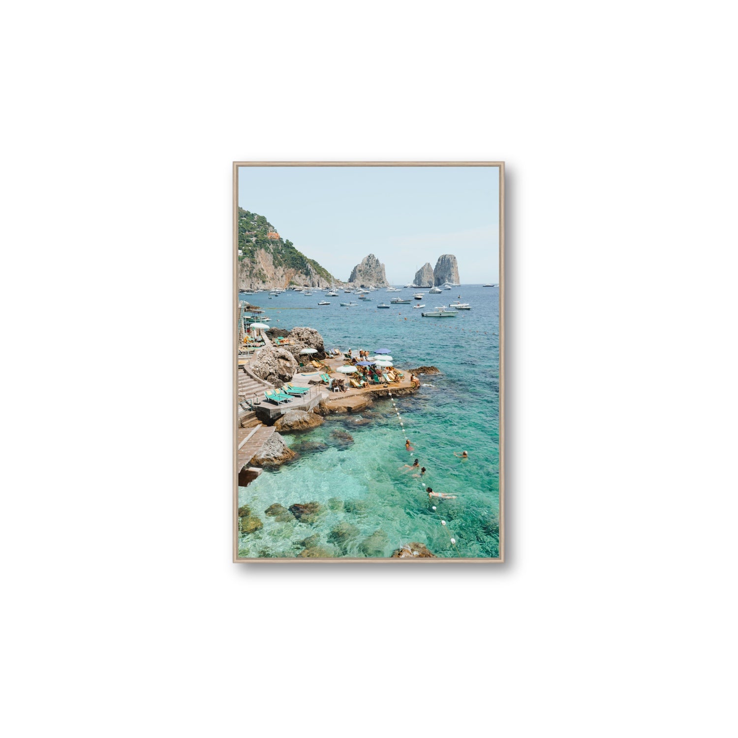 Summertime Blues Capri Mediterranean wall art Large fine art canvas in natural oak float frame