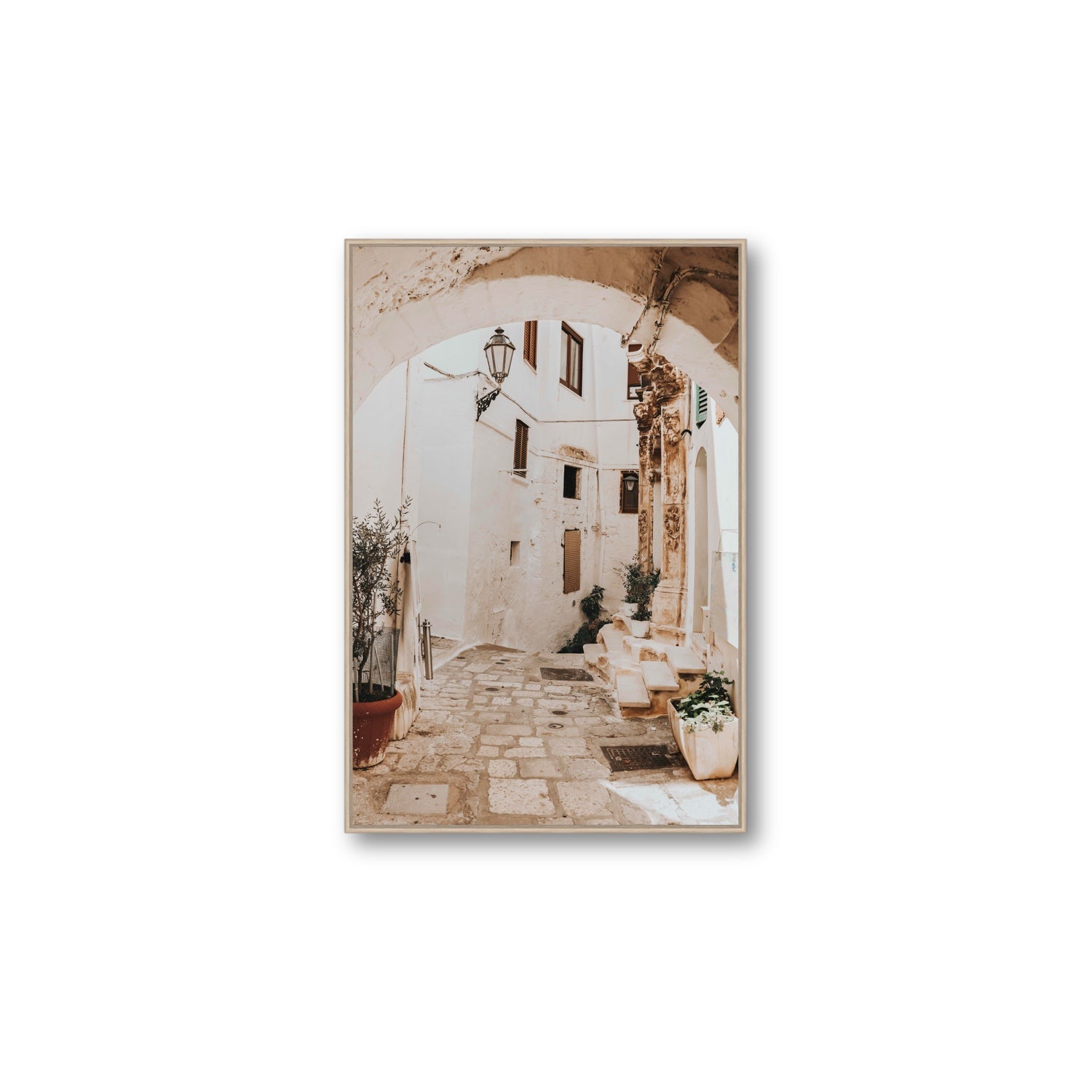 Pathway Wander Puglia Ostuni wall art Large fine art canvas in natural oak float frame