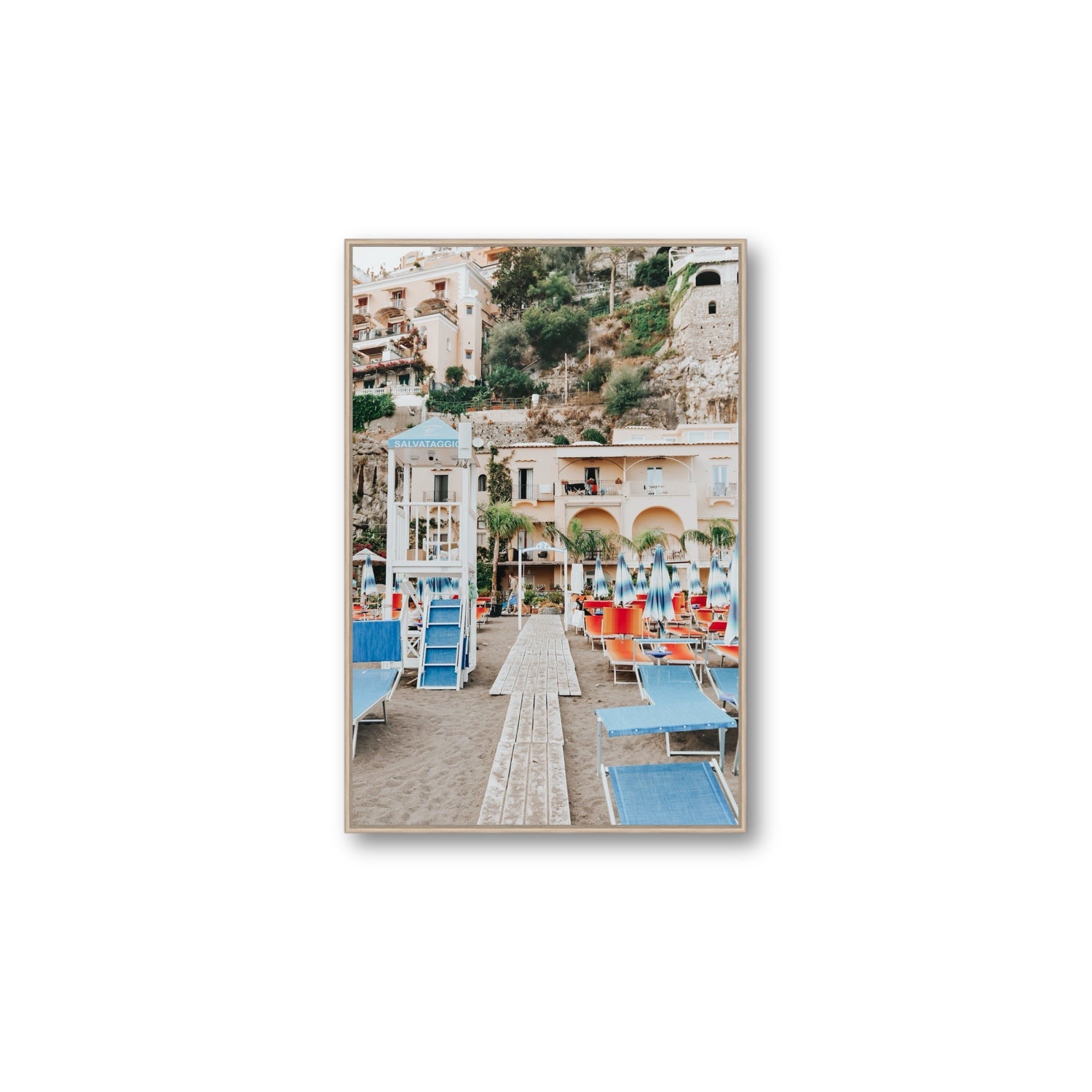 Torre Di Salvataggio fine art print, Positano, Italy, Large, Natural Oak Float Frame, Fine Art Canvas