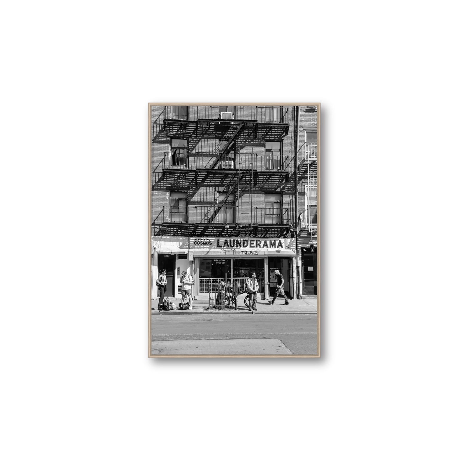 Bus Stop New York NYC Black & White wall art Large fine art canvas in natural oak float frame