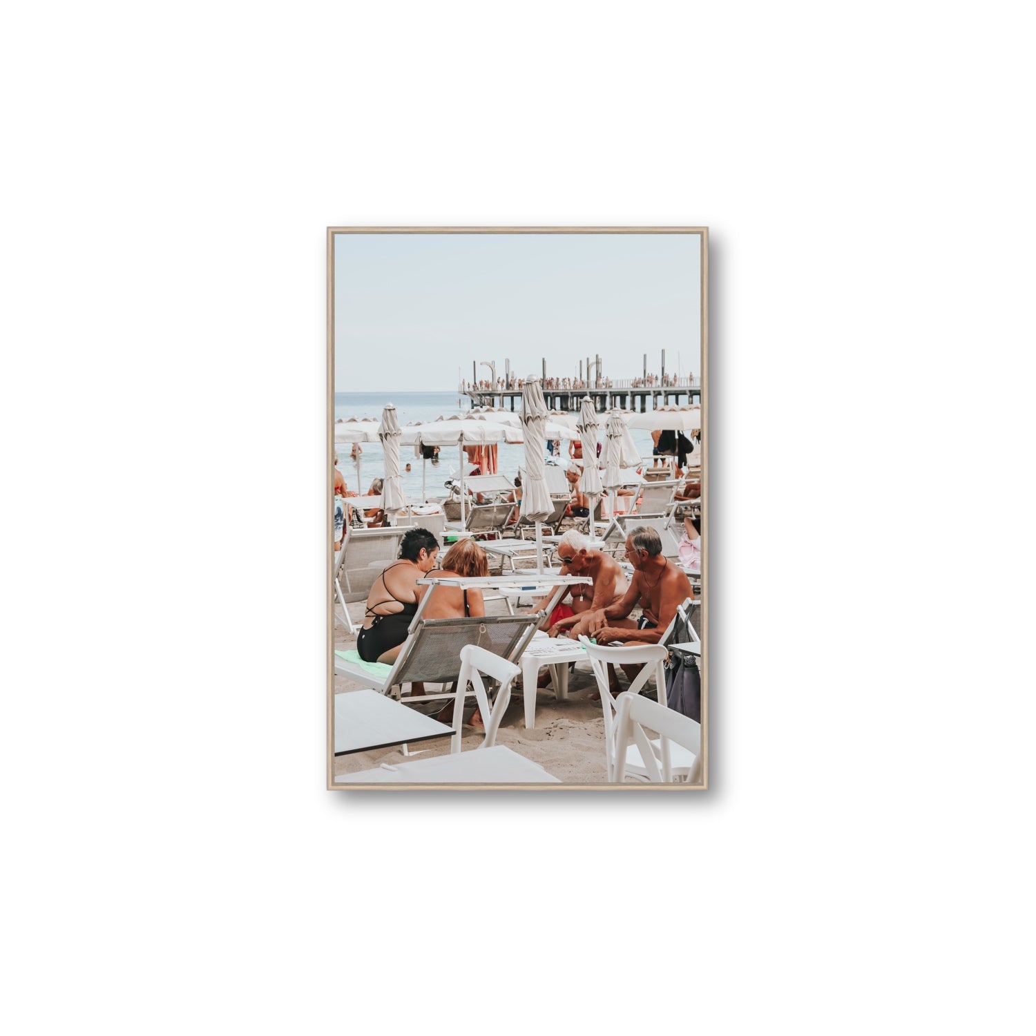 Salted Shuffle fine art print, Alassio, Italy, people and locals artwork, Large, Natural Oak Float Frame, Fine Art Canvas