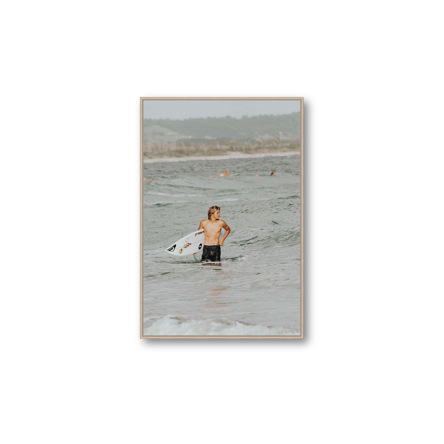 Chasing Mavericks Byron Bay Surf coastal wall art Large fine art canvas in natural oak float frame