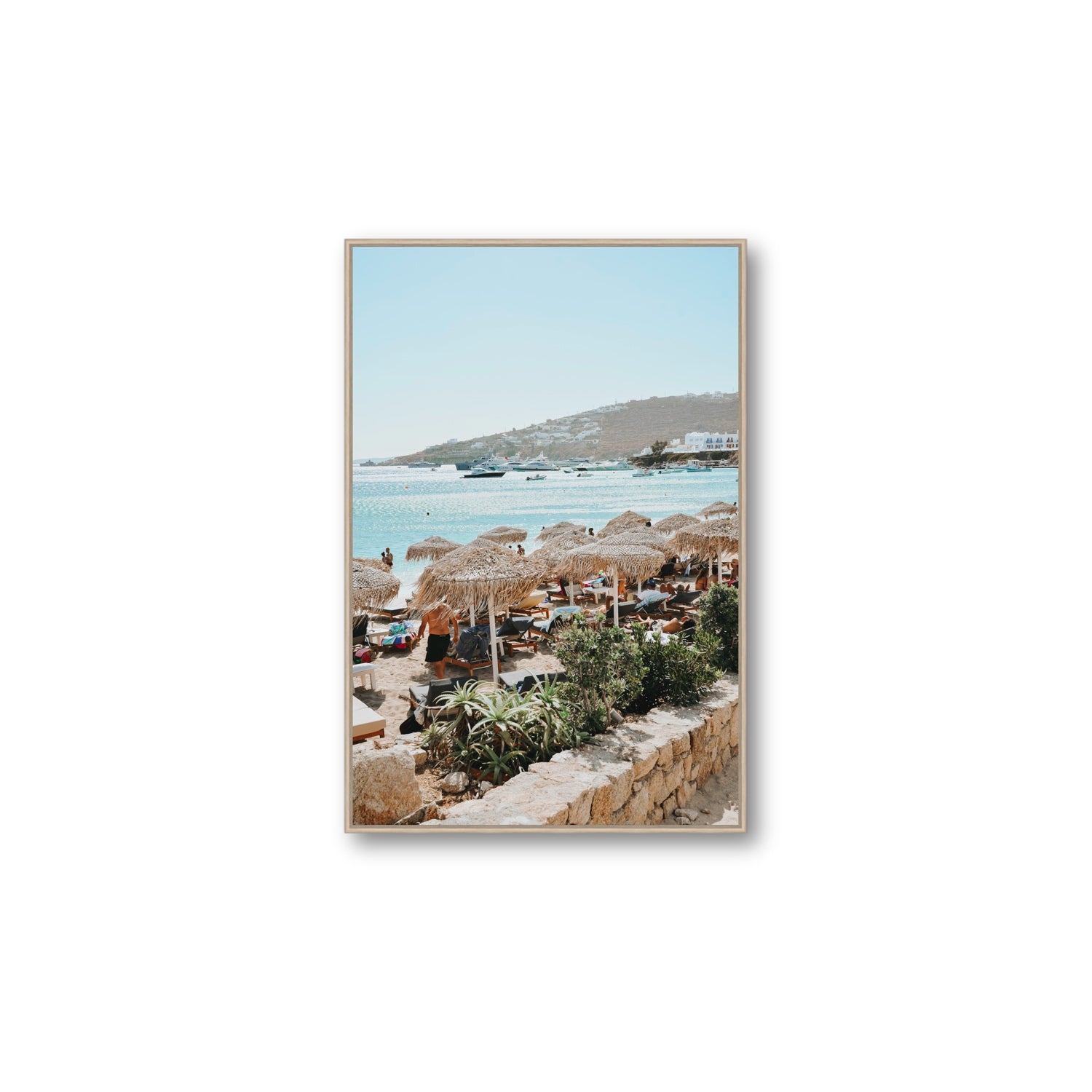 Beachside Huts Mykonos Greek island wall art Large fine art canvas in natural oak float frame