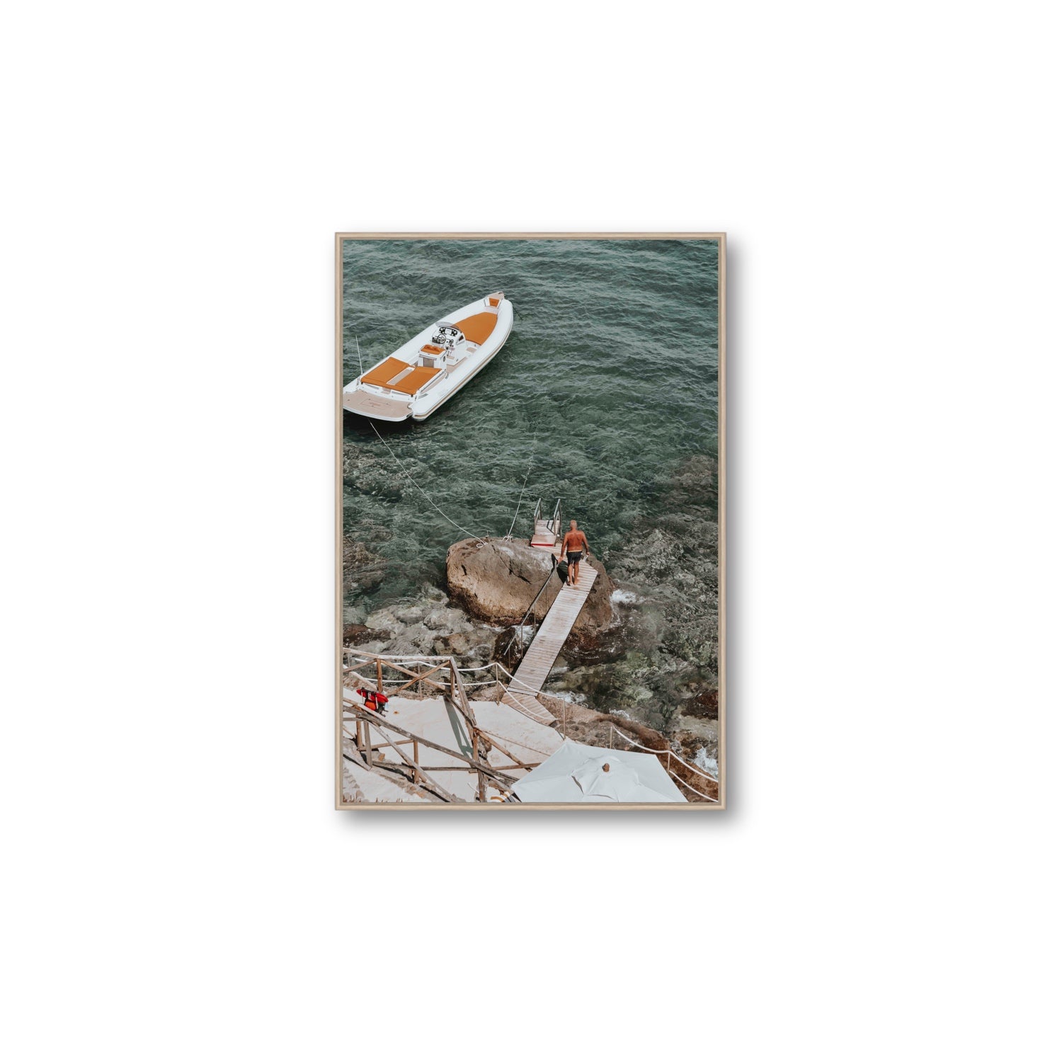 Secret Cove Tuscany coastal Italian wall art Large fine art canvas in natural oak float frame
