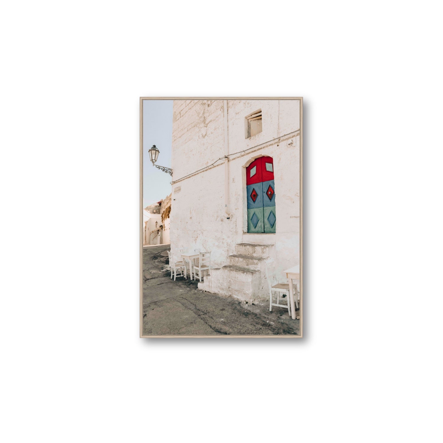 Doorway Delight Puglia Ostuni wall art Large fine art canvas in natural oak float frame