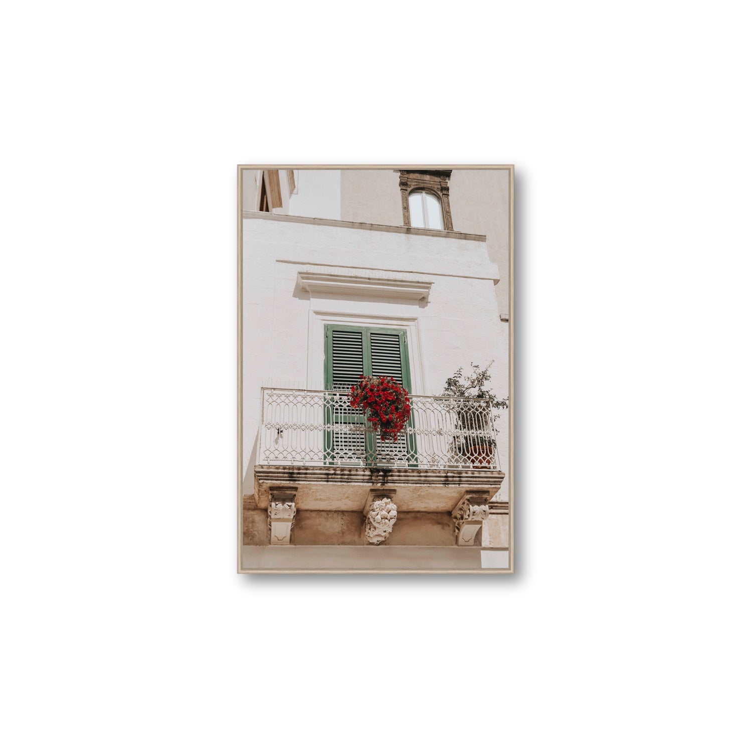 Balcone Estivo Puglia Italian wall art Large fine art canvas in natural oak float frame