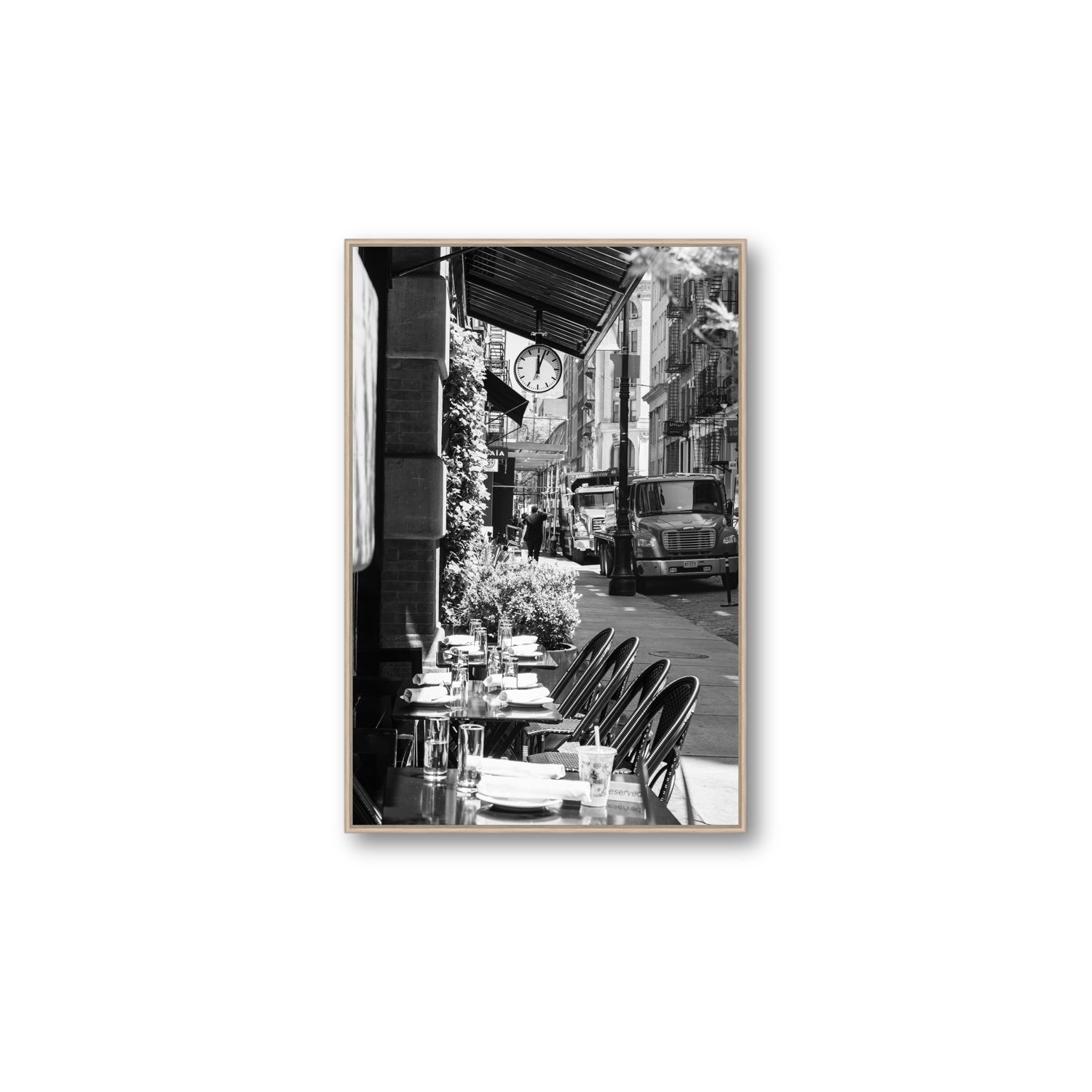 Mercer Street New York NYC Black & White wall art Large fine art canvas in natural oak float frame