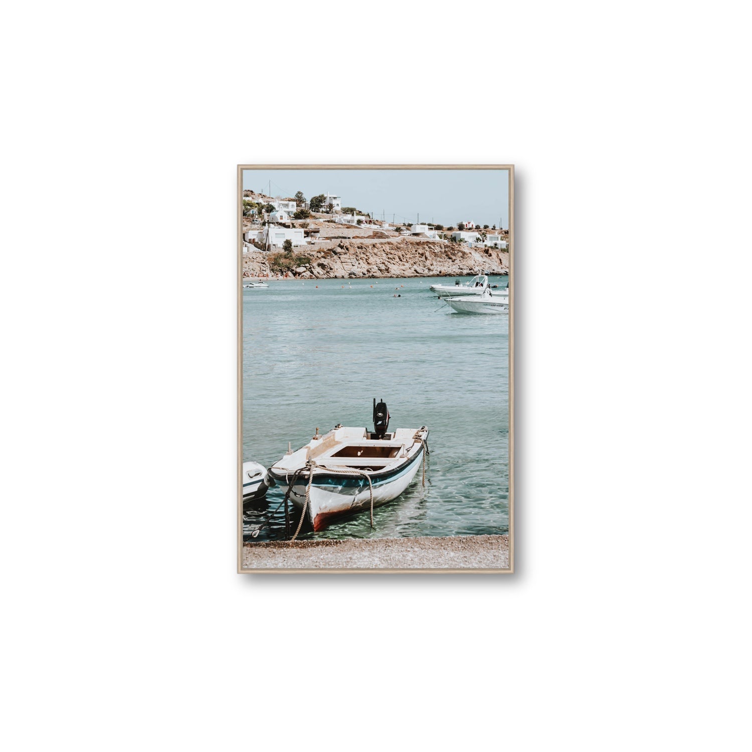Classic Wheels Mykonos Greek island wall art Large fine art canvas in natural oak float frame