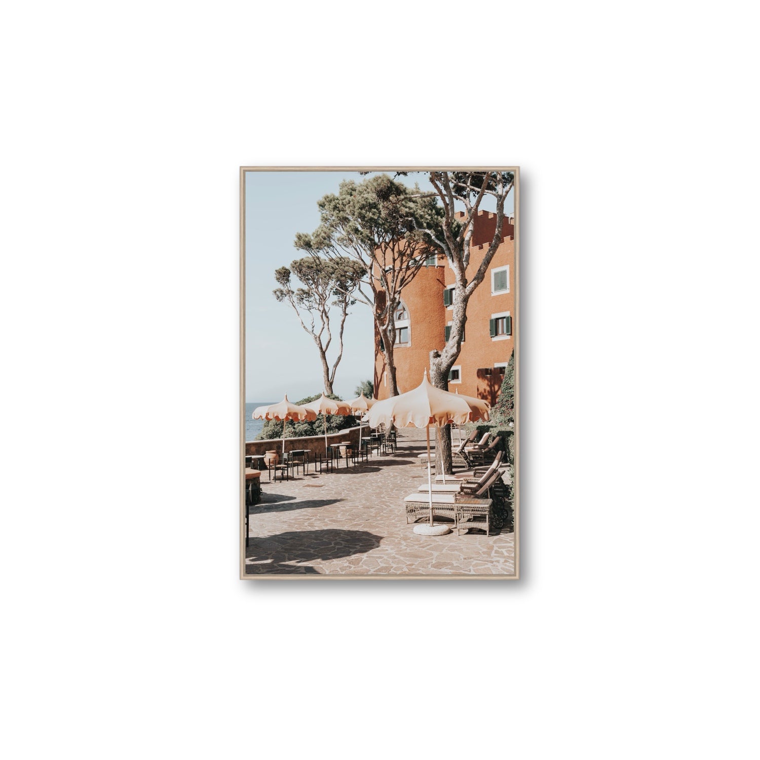 Mezzatorre Ischia Italian Mediterranean decor wall art Large fine art canvas in natural oak float frame