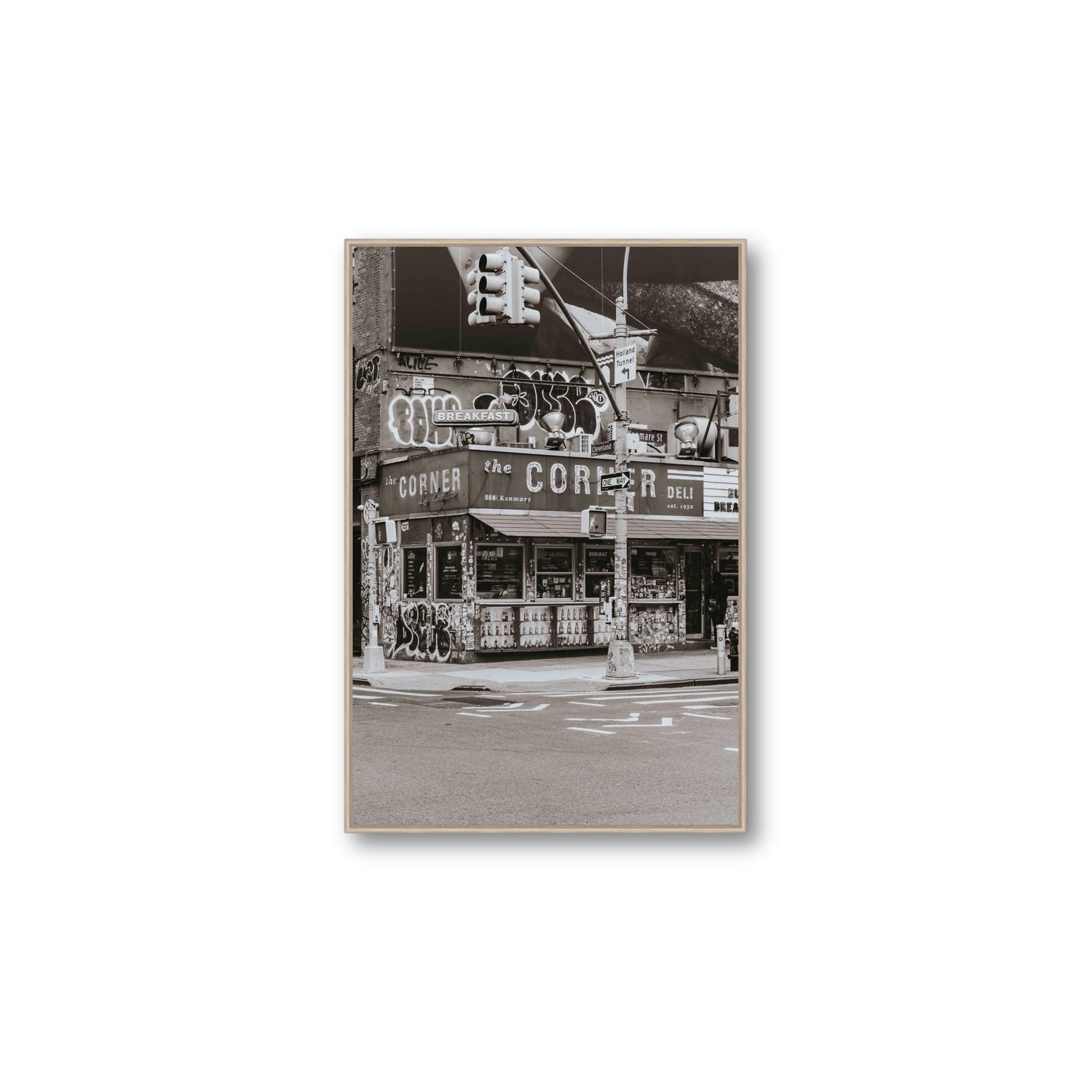 Soho Deli New York NYC Black & White wall art Large fine art canvas in natural oak float frame