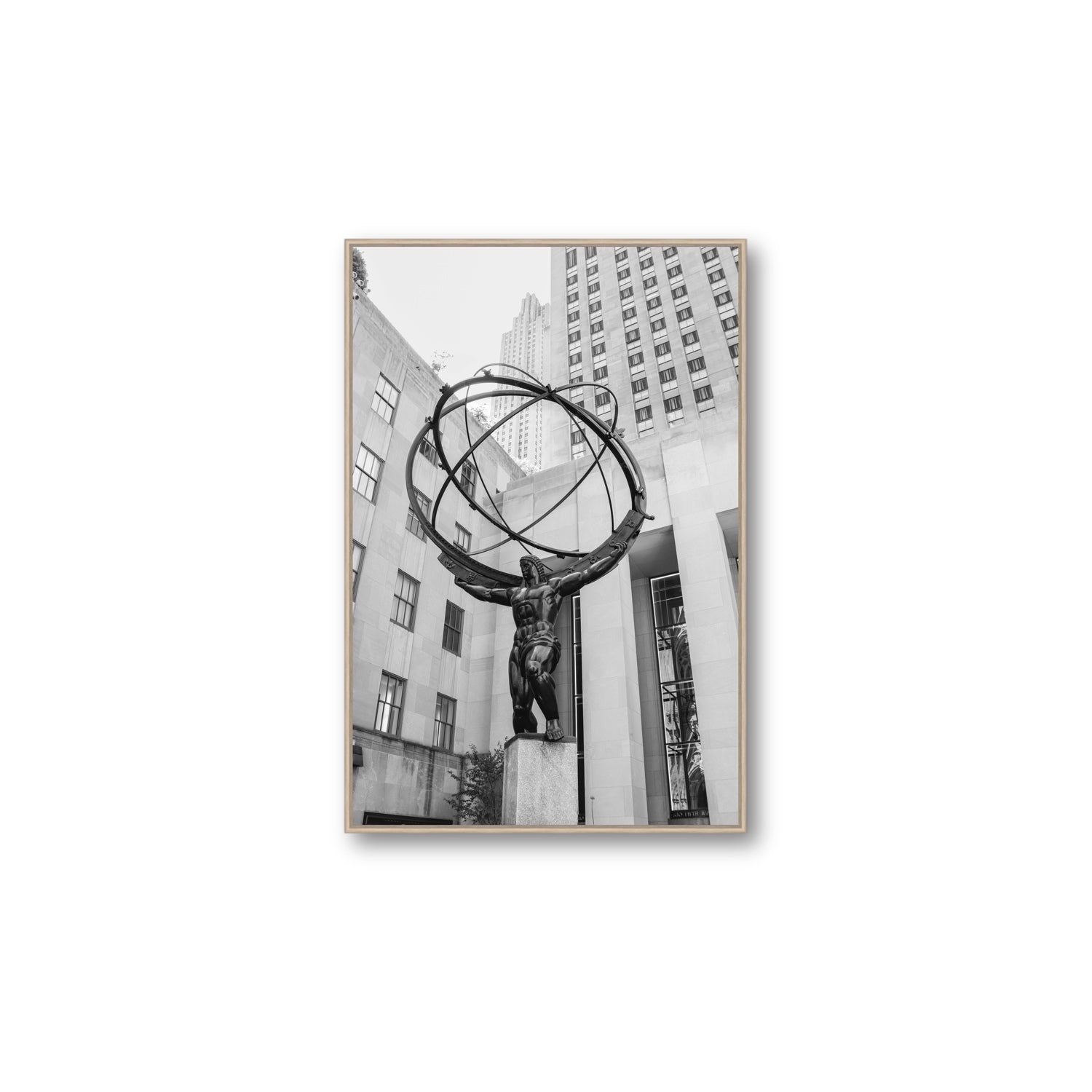 Atlas Ascends New York NYC Black & White wall art Large fine art canvas in natural oak float frame