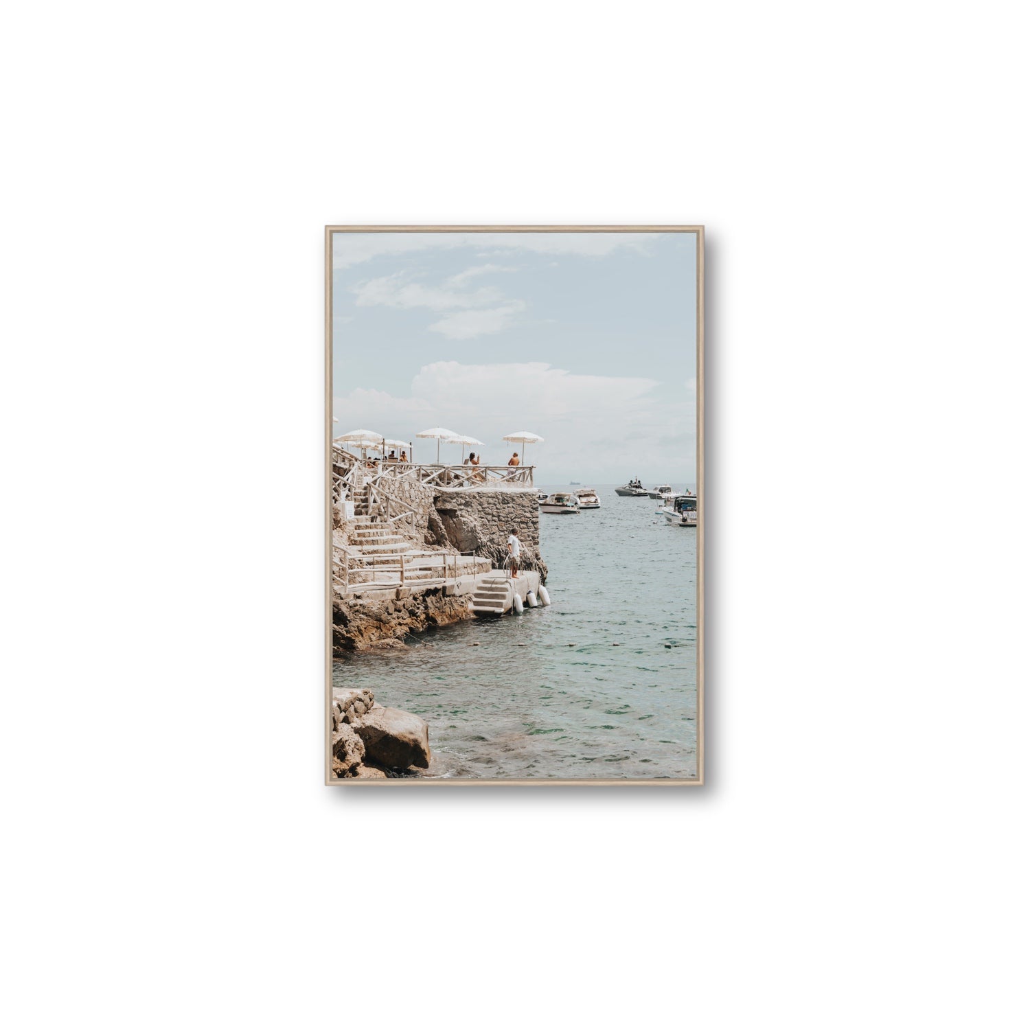 Pier Patrol fine art print, Nerano, Italy, Large, Natural Oak Float Frame, Fine Art Canvas