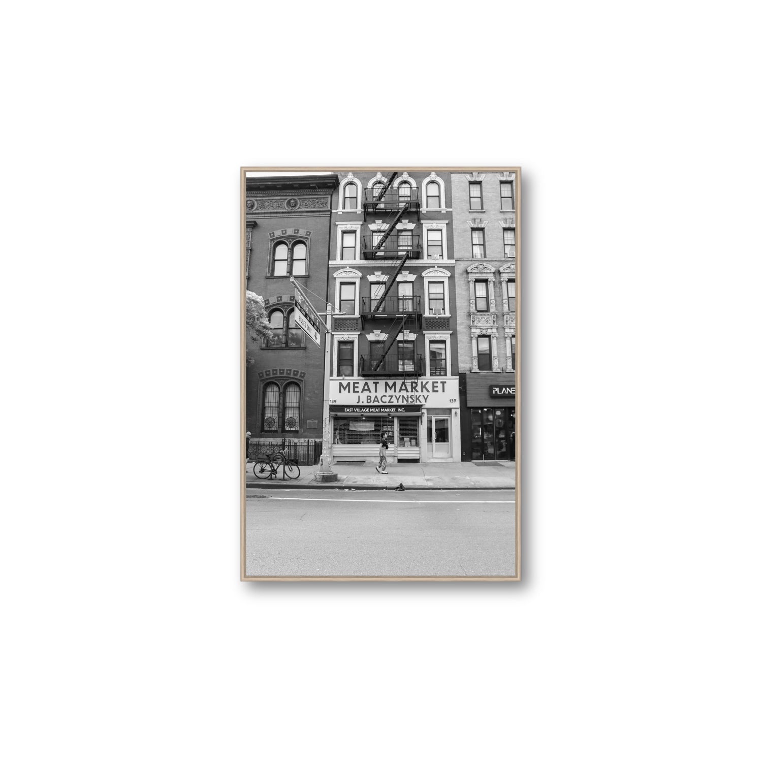 Vertical Village New York NYC Black & White wall art Large fine art canvas in natural oak float frame
