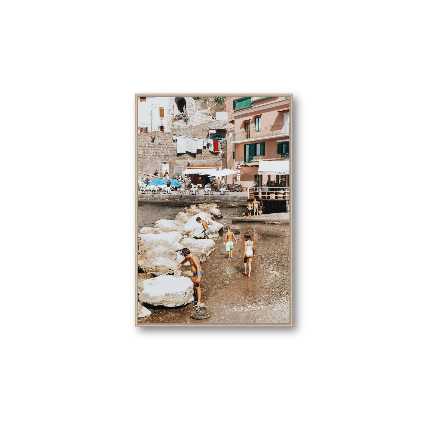 The Beachcombers Sorrento beach coastal wall art Large fine art canvas in natural oak float frame