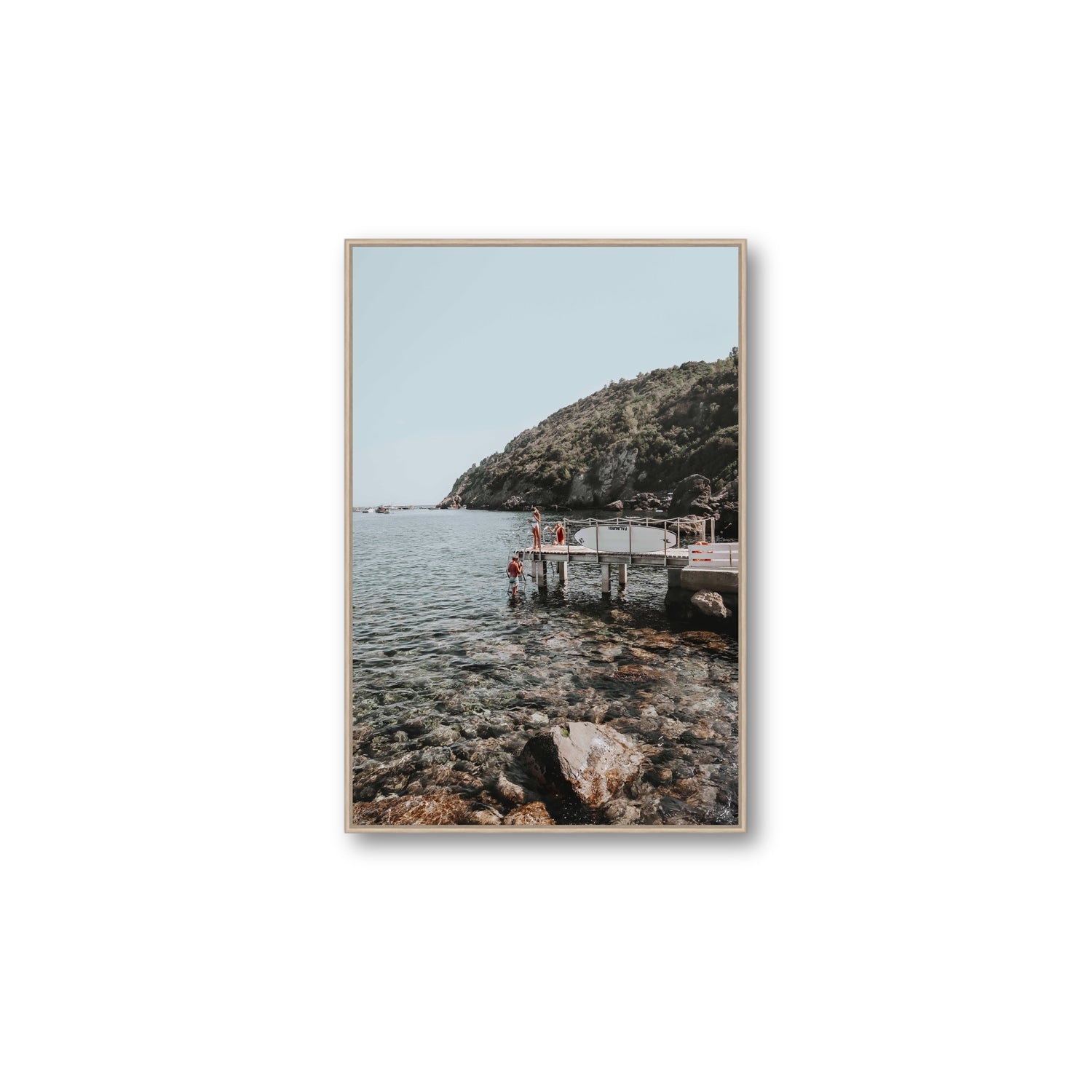 Tidal Explorers Tuscany coastal Italian wall art Large fine art canvas in natural oak float frame