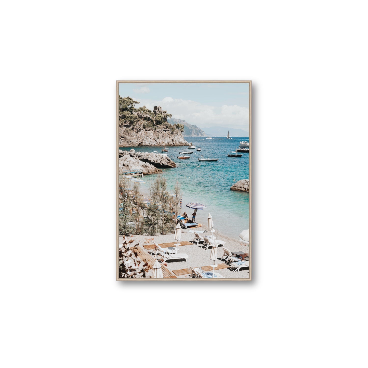 Sizzling Summer Days Amalfi coastal wall art Large fine art canvas in natural oak float frame