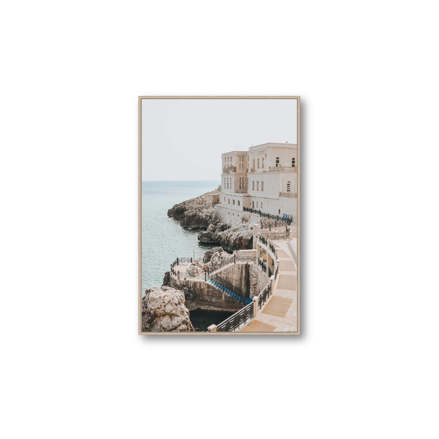 Santa Cesarea Puglia Italian coastal wall art Large fine art canvas in natural oak float frame