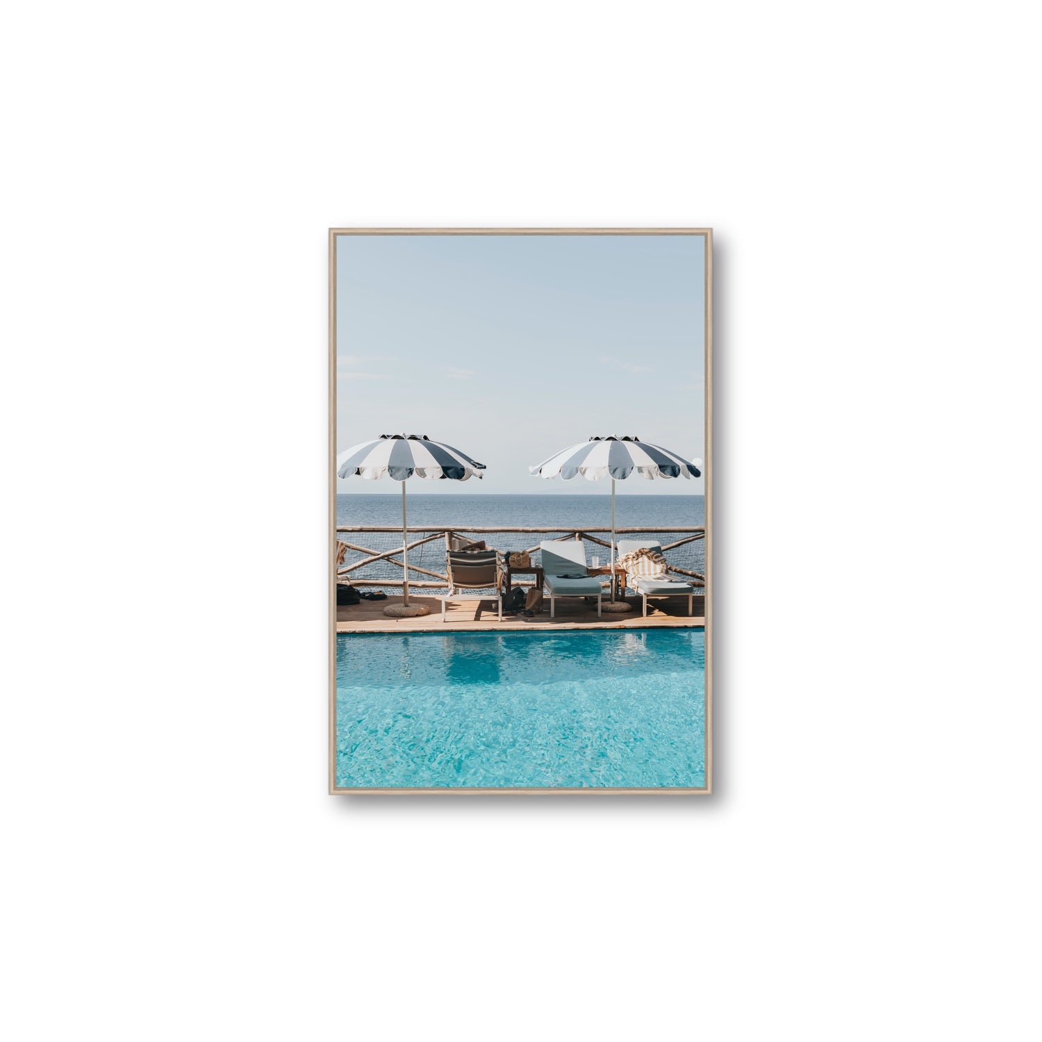 Beach Retreat fine art print, Ischia, Italy, european beach clubs artwork, Large, Natural Oak Float Frame, Fine Art Canvas