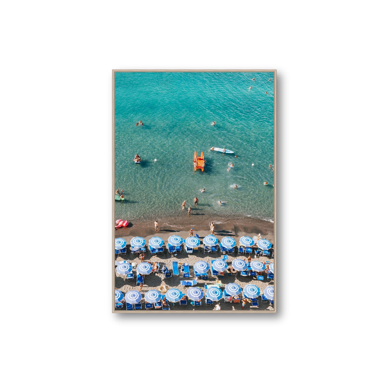 Aquamarine Oasis Sorrento Italian coastal wall art Extra Large fine art canvas in natural oak float frame