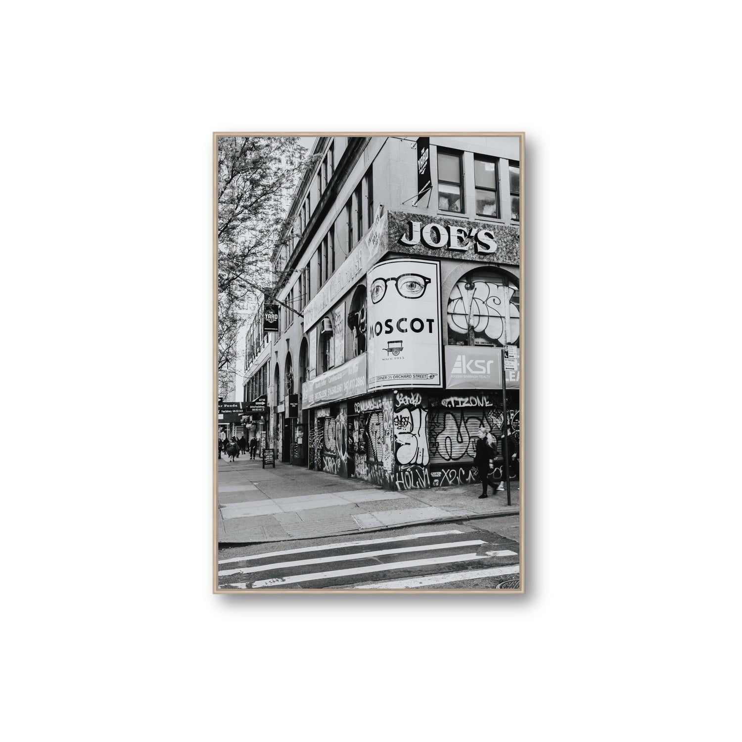 Lower East Side Murals New York NYC Black & White wall art Extra Large fine art canvas in natural oak float frame