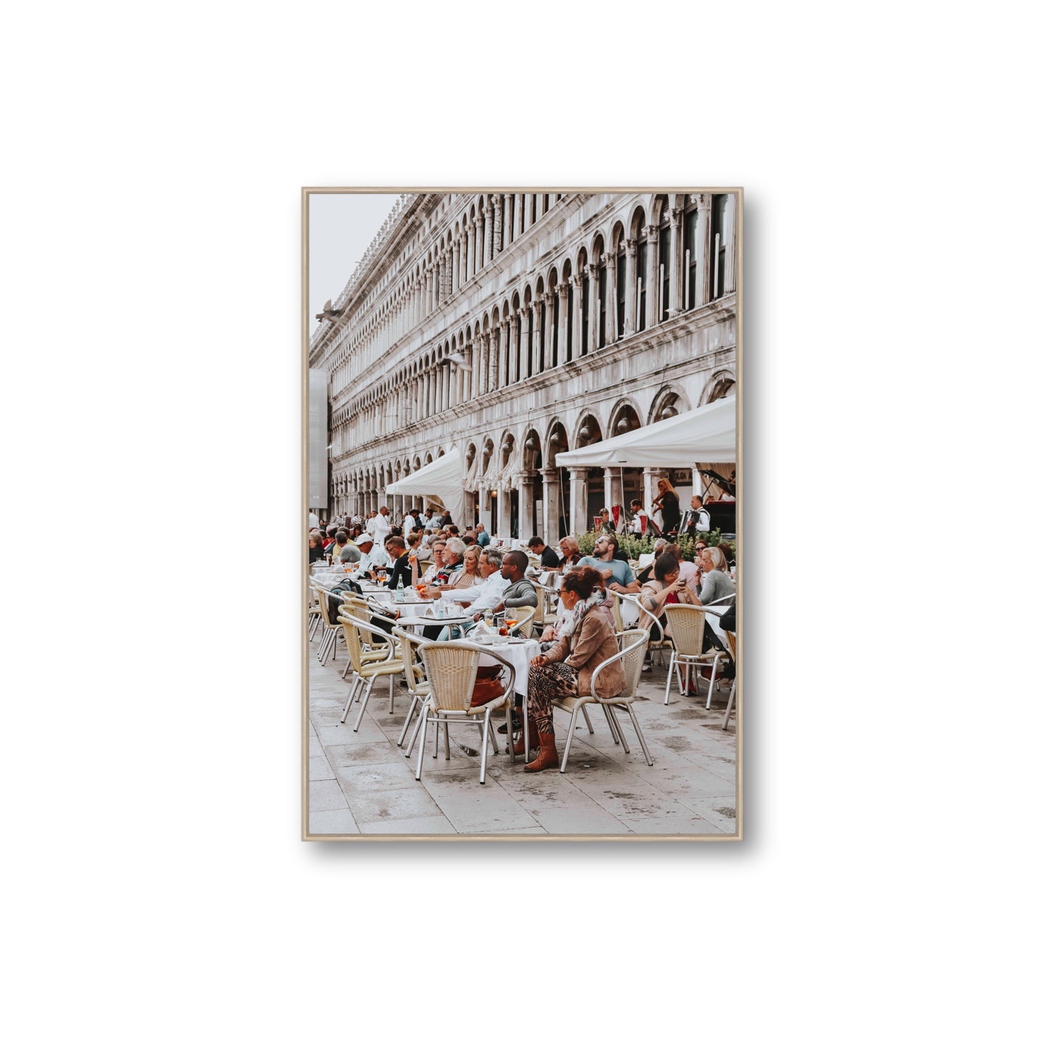 Lunchbreak Venice Italian wall art Extra Large fine art canvas in natural oak float frame