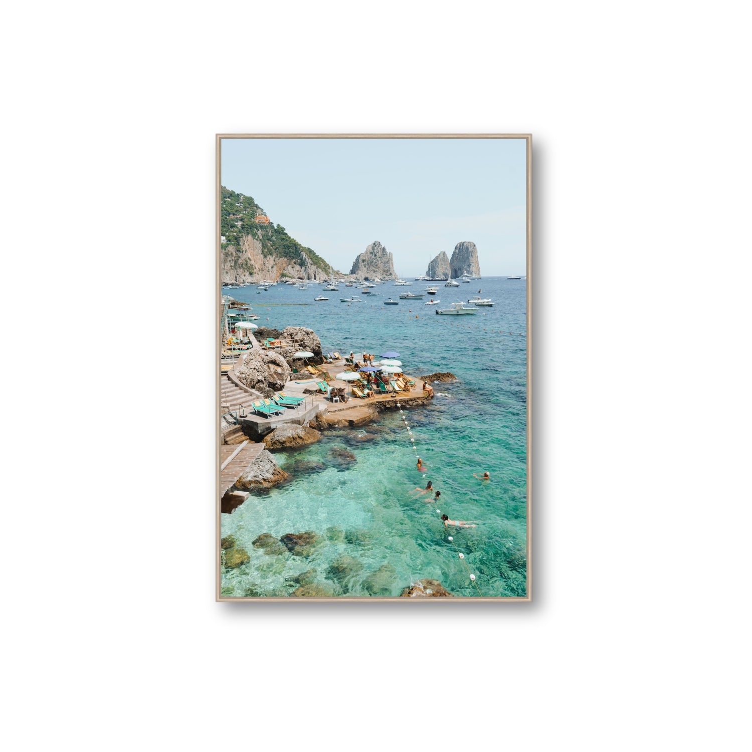 Summertime Blues Capri Mediterranean wall art Extra Large fine art canvas in natural oak float frame