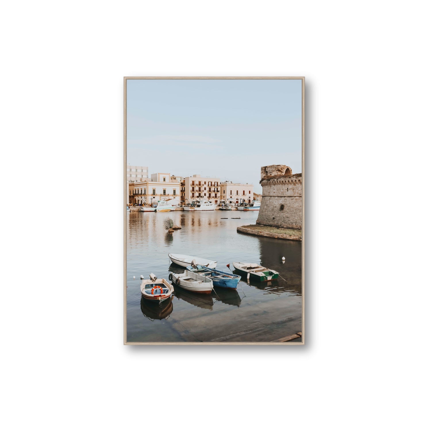 Gallipoli Harbour Puglia coastal wall art Extra Large fine art canvas in natural oak float frame