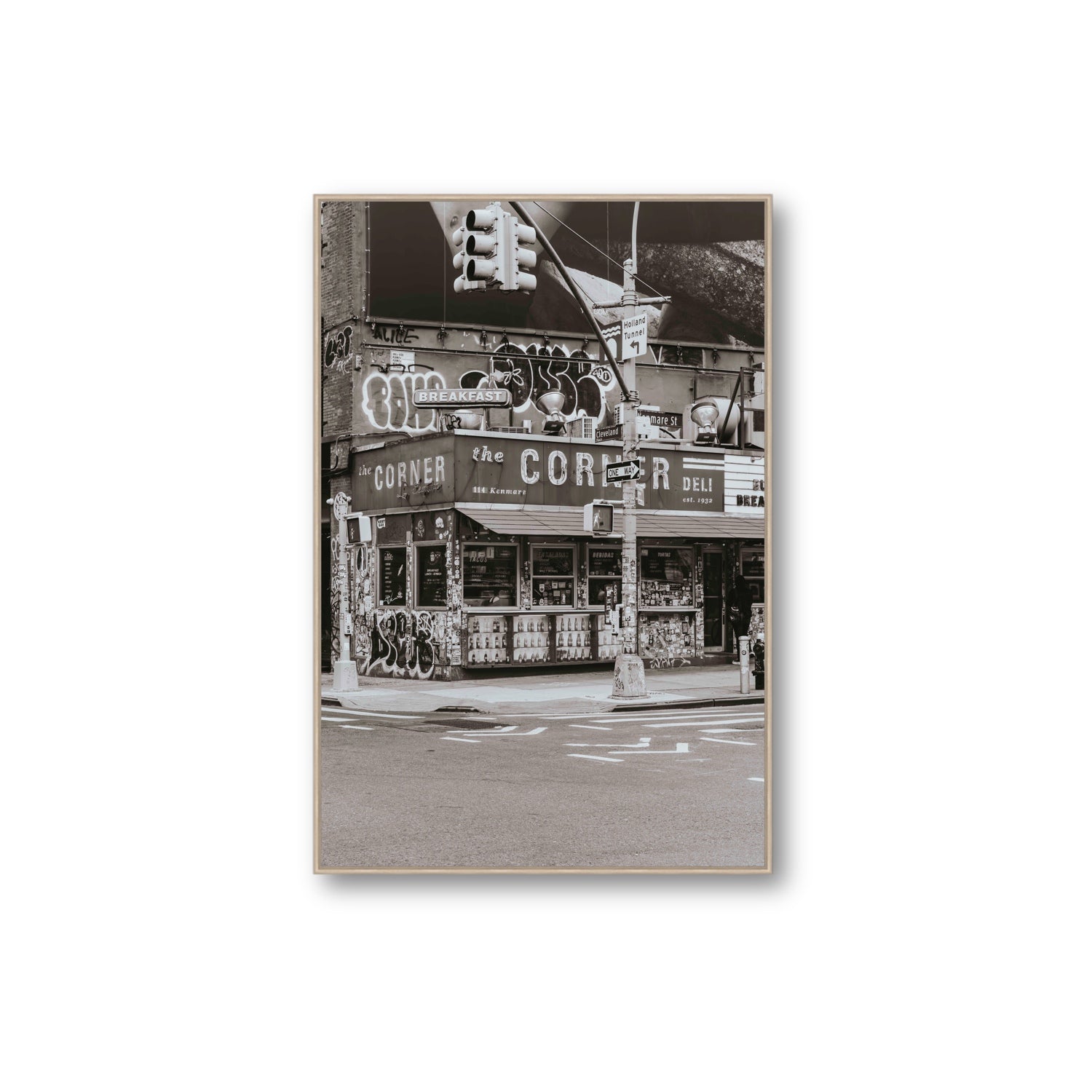 Soho Deli New York NYC Black & White wall art Extra Large fine art canvas in natural oak float frame