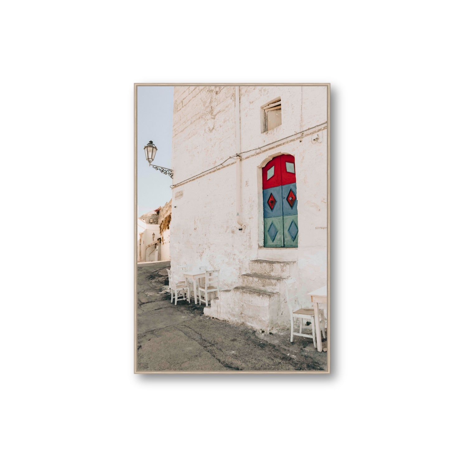 Doorway Delight Puglia Ostuni wall art Extra Large fine art canvas in natural oak float frame