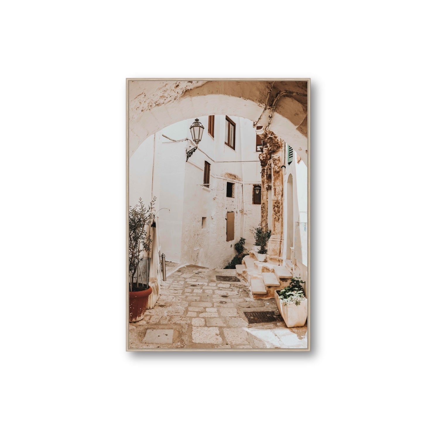 Pathway Wander Puglia Ostuni wall art Extra Large fine art canvas in natural oak float frame