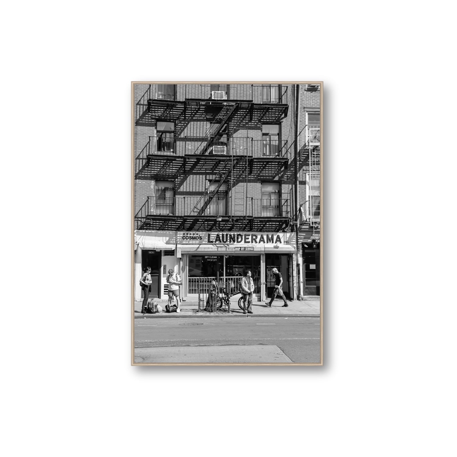 Bus Stop New York NYC Black & White wall art Extra Large fine art canvas in natural oak float frame