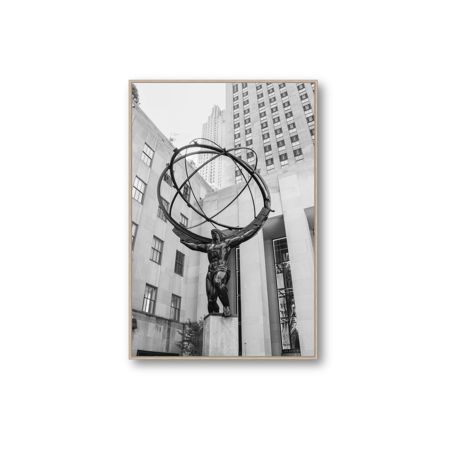 Atlas Ascends New York NYC Black & White wall art Extra Large fine art canvas in natural oak float frame