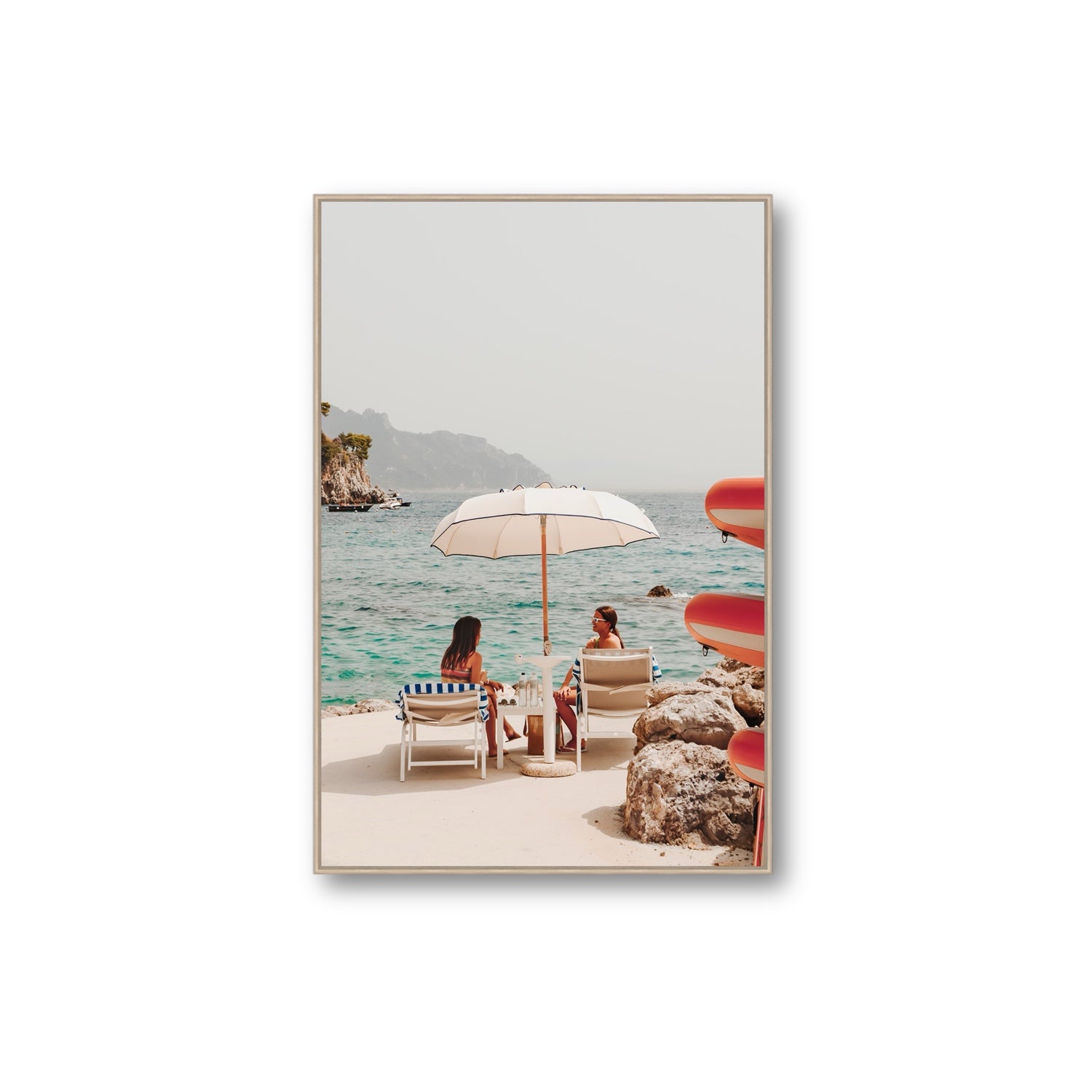 Salty Banter Amalfi Mediterranean wall art Extra Large fine art canvas in natural oak float frame