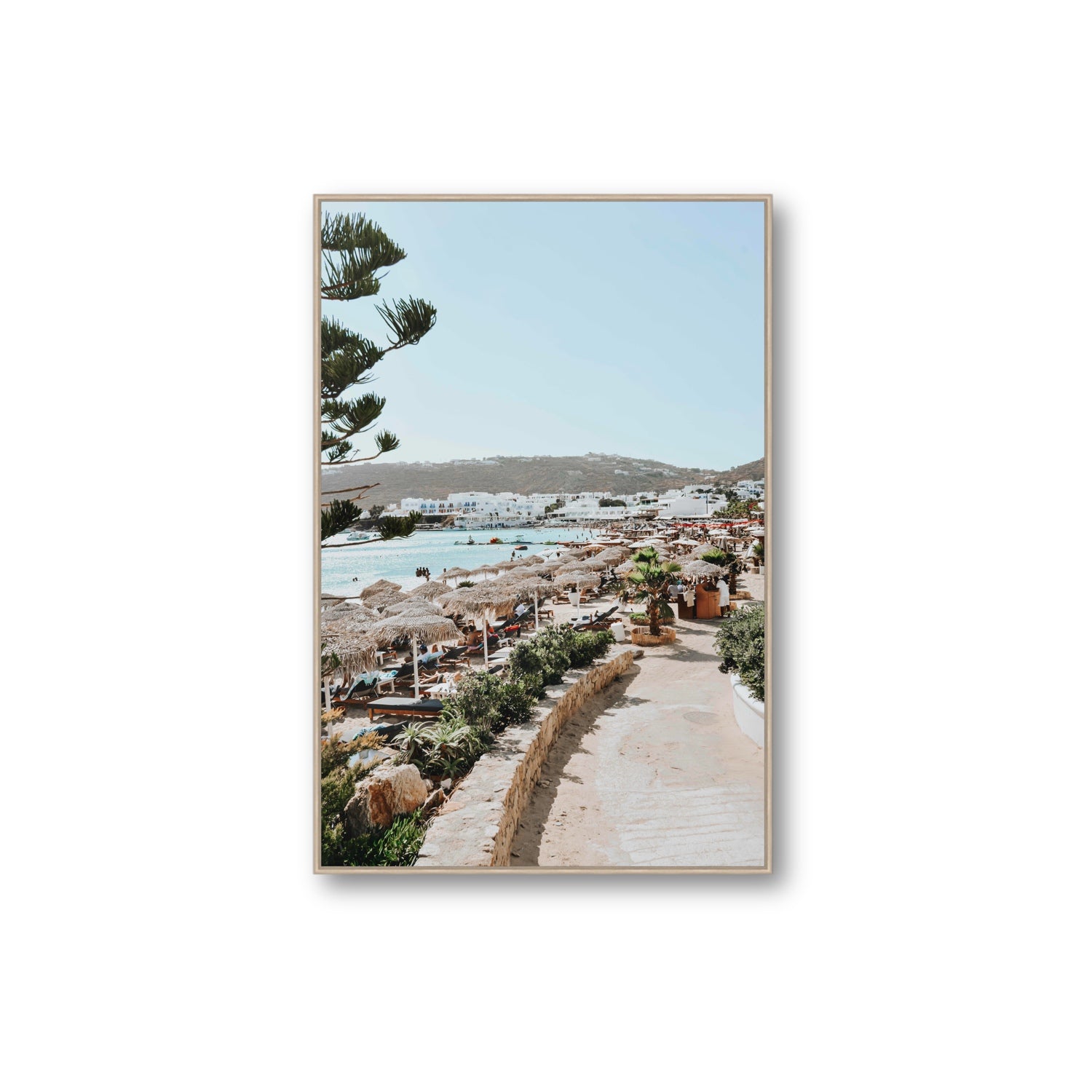 All Roads Lead To The Beach Mykonos Greek island wall art Extra Large fine art canvas in natural oak float frame