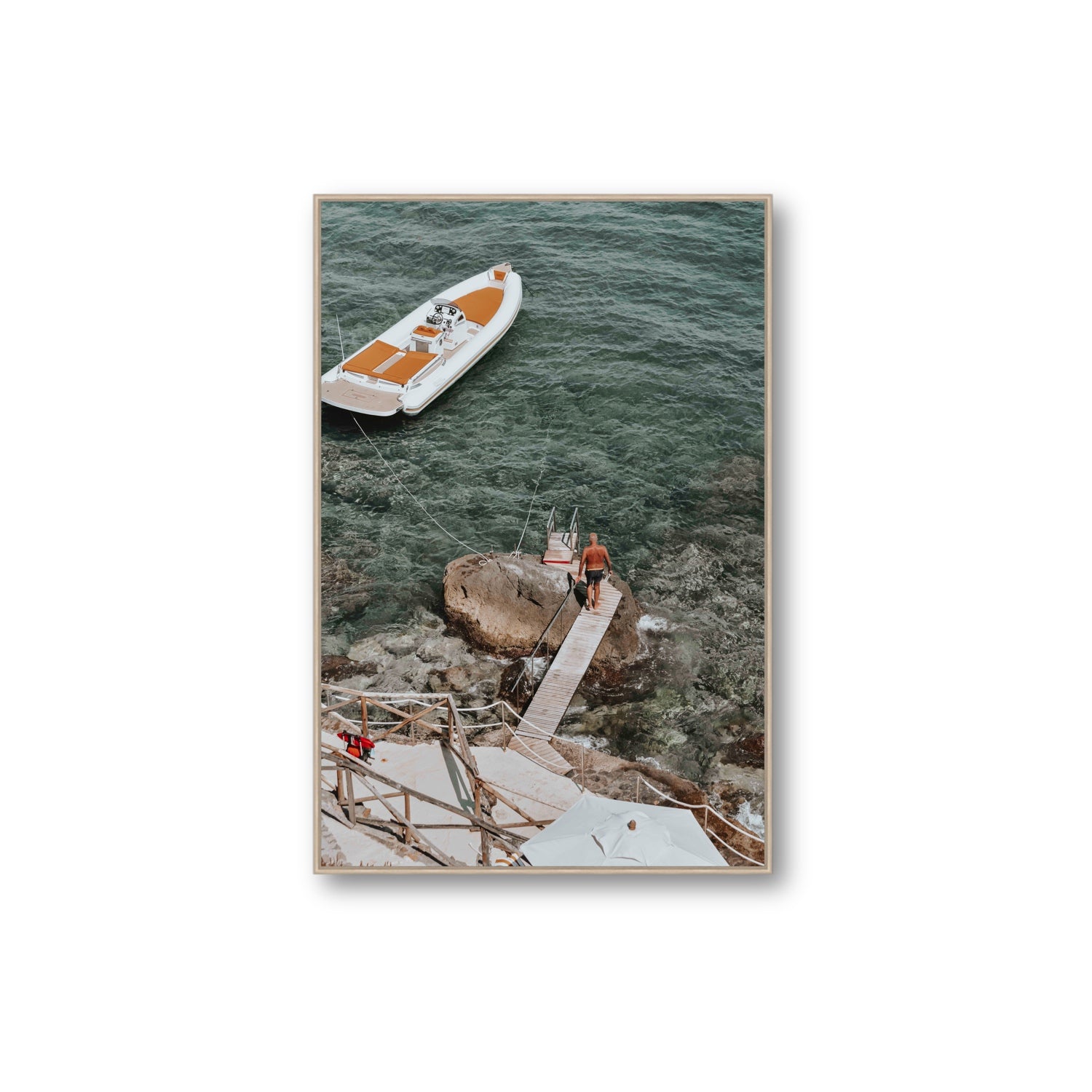 Secret Cove Tuscany coastal Italian wall art Extra Large fine art canvas in natural oak float frame