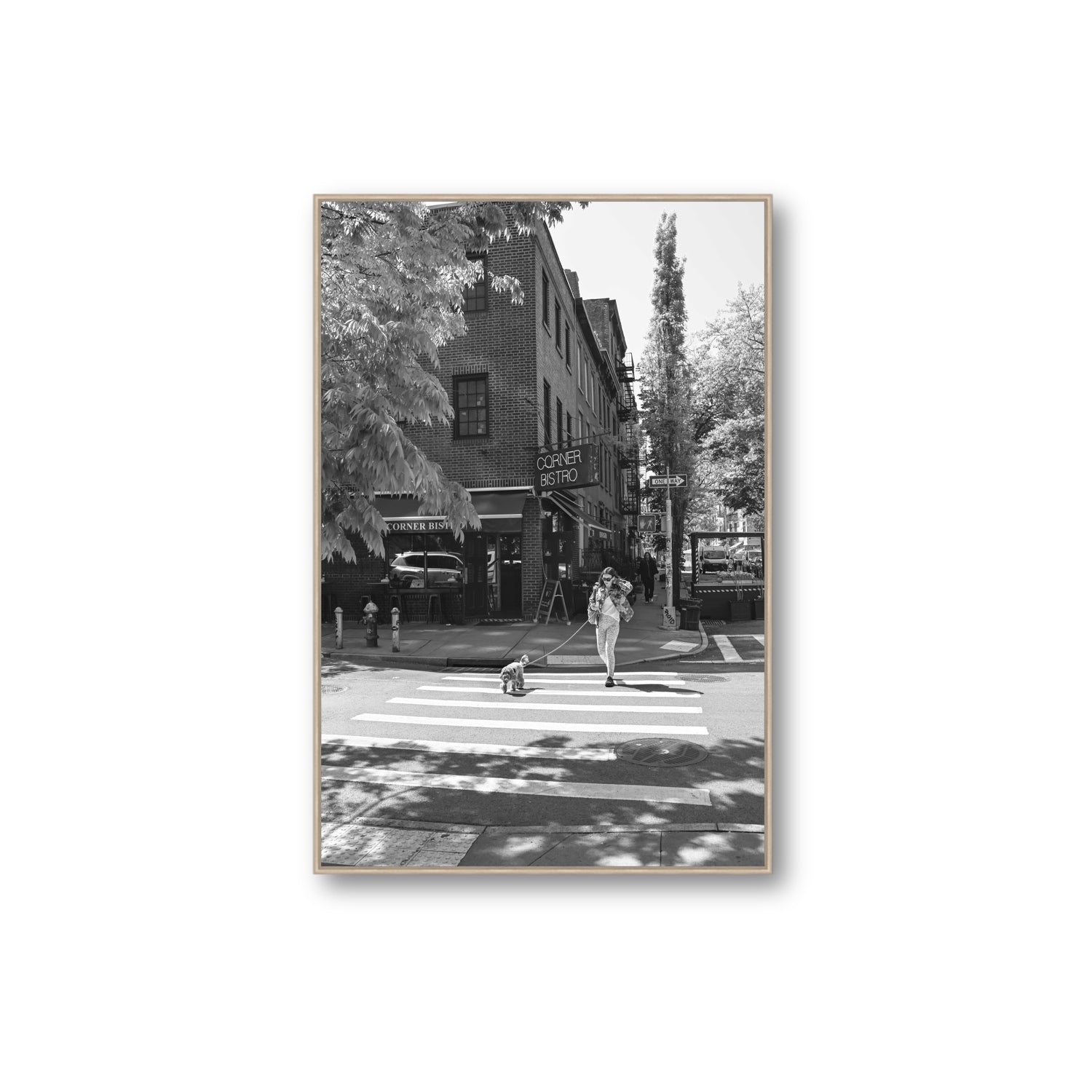 Sunlit Stroll New York NYC Black & White wall art Extra Large fine art canvas in natural oak float frame
