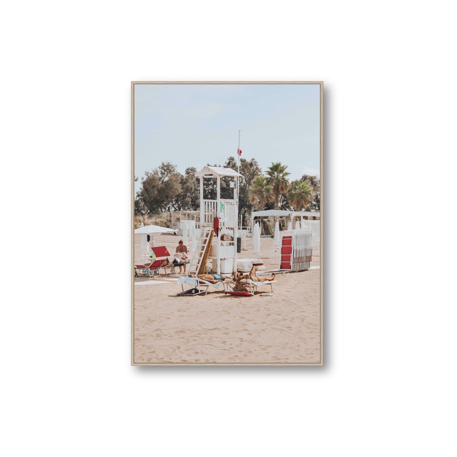 Red Lounge Reverie Puglia beach coastal wall art Extra Large fine art canvas in natural oak float frame