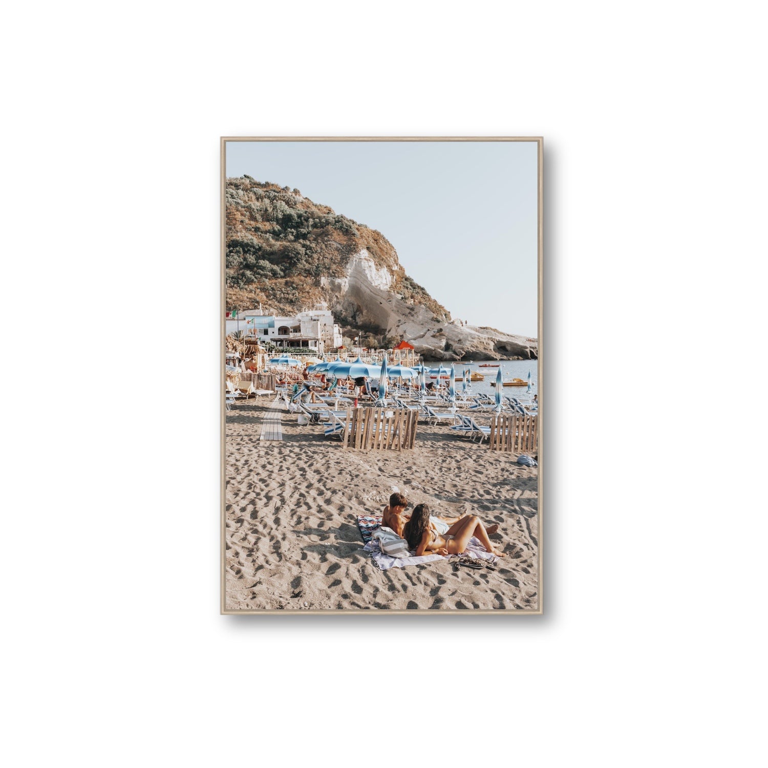 Beach Buddies fine art print, Ischia, Italy, Extra Large, Natural Oak Float Frame, Fine Art Canvas