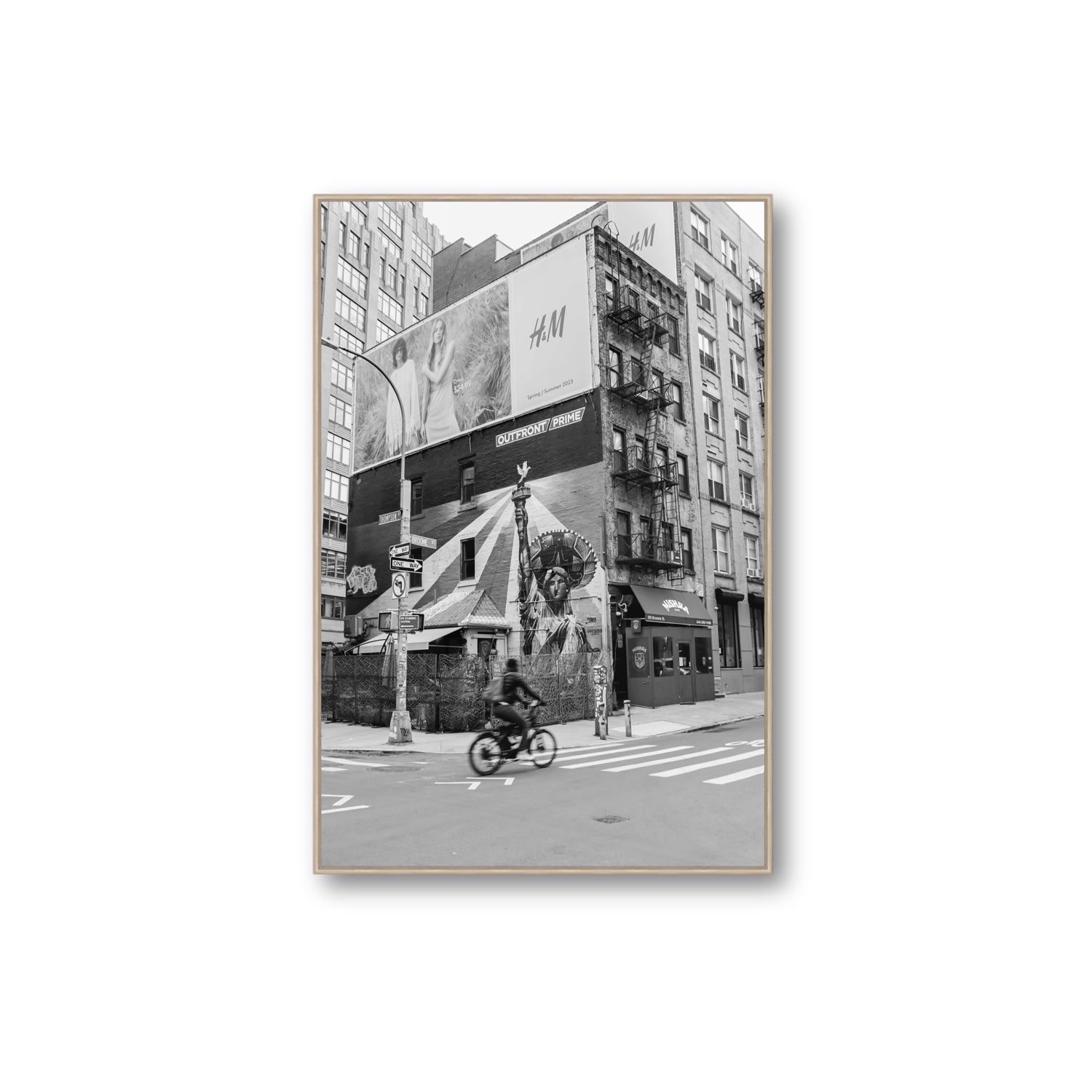 Shadows Of Liberty New York NYC Black & White wall art Extra Large fine art canvas in natural oak float frame