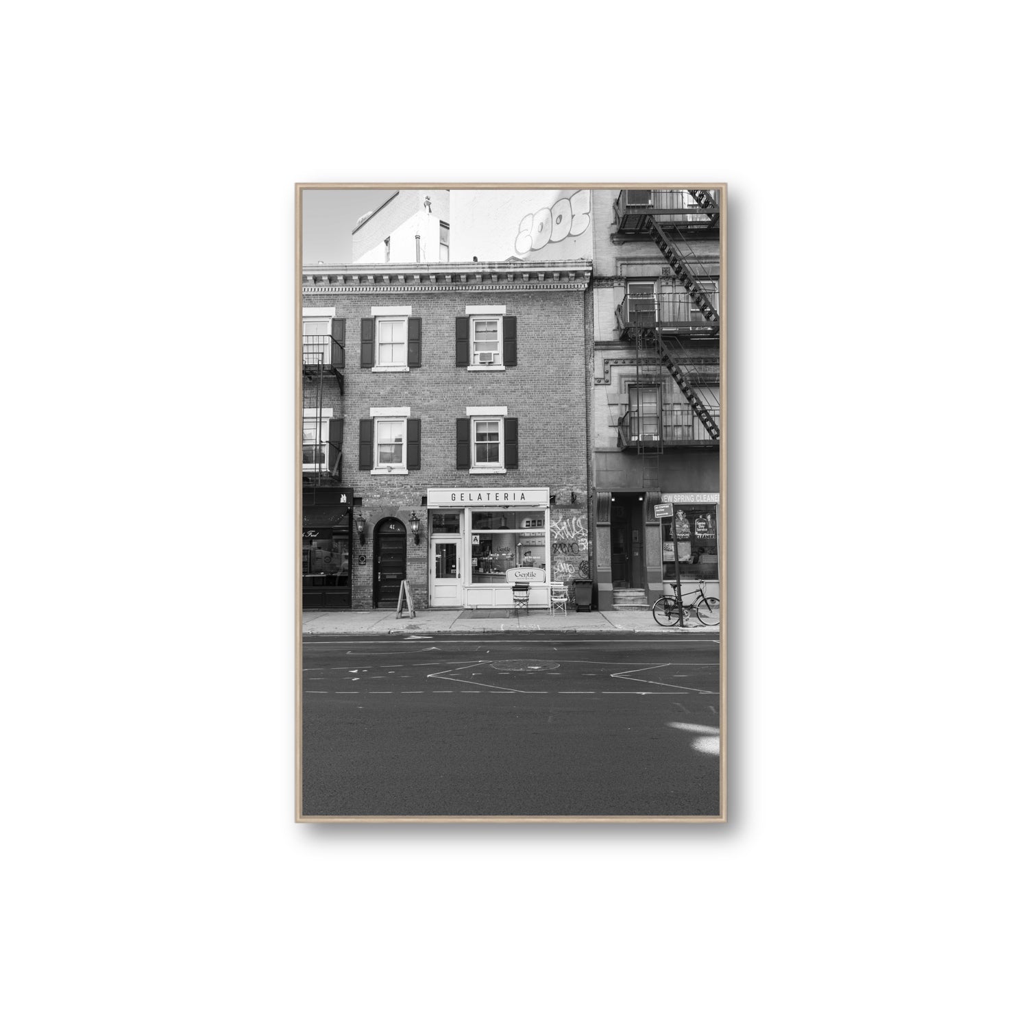 Gelateria New York NYC Black & White wall art Extra Large fine art canvas in natural oak float frame