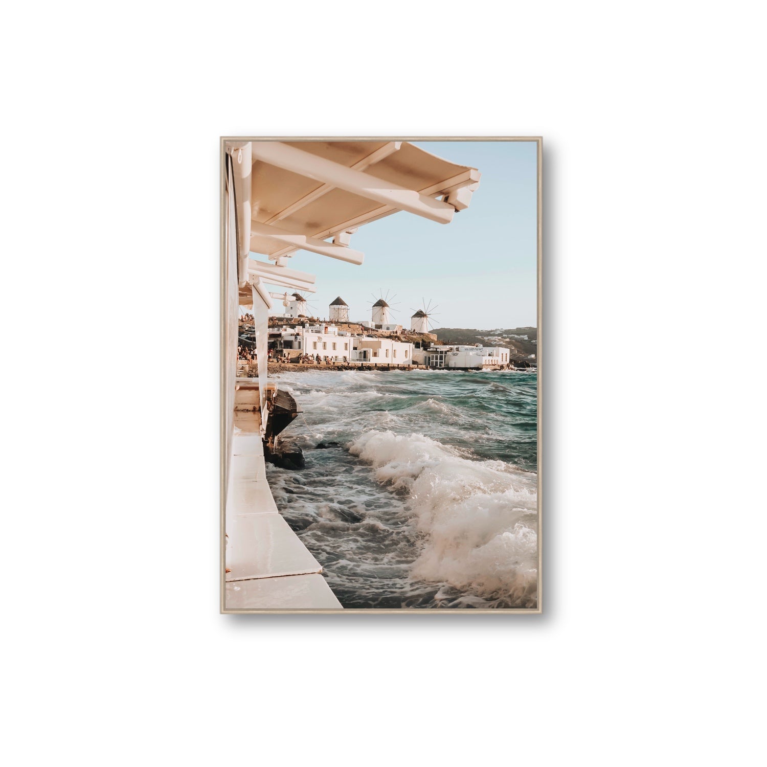 Windmills Mykonos Greek island wall art Extra Large fine art canvas in natural oak float frame