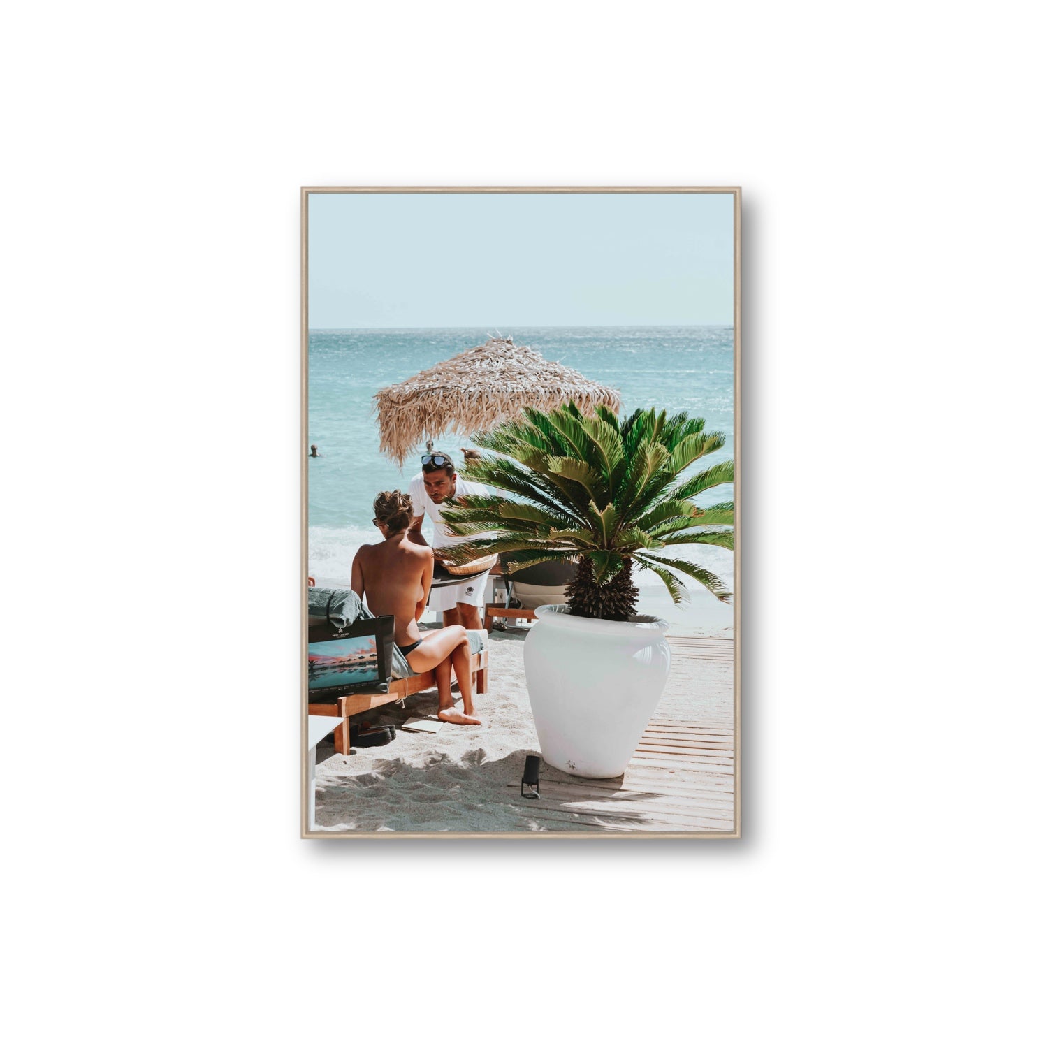 At Your Service Mykonos Greek island wall art Extra Large fine art canvas in natural oak float frame