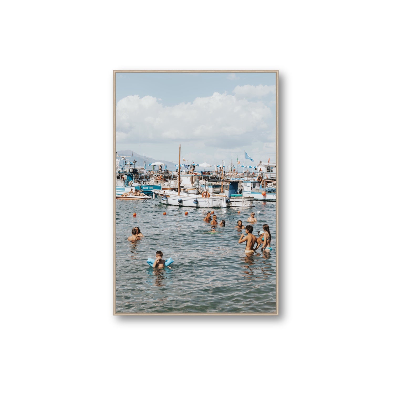 Vacanze Italiane Sorrento Italian coastal wall art Extra Large fine art canvas in natural oak float frame