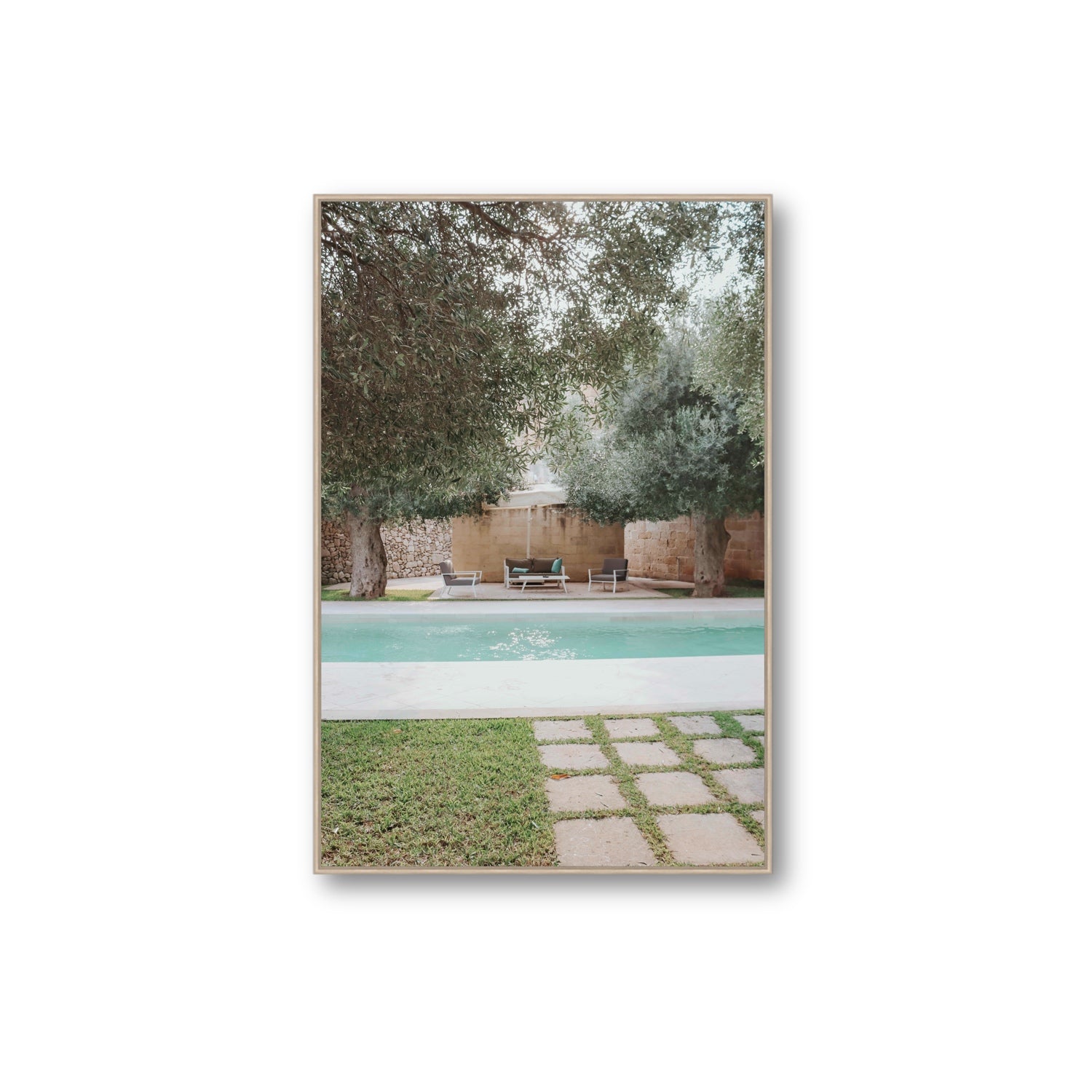 Idyllic Escape Puglia Mediterranean wall art Extra Large fine art canvas in natural oak float frame