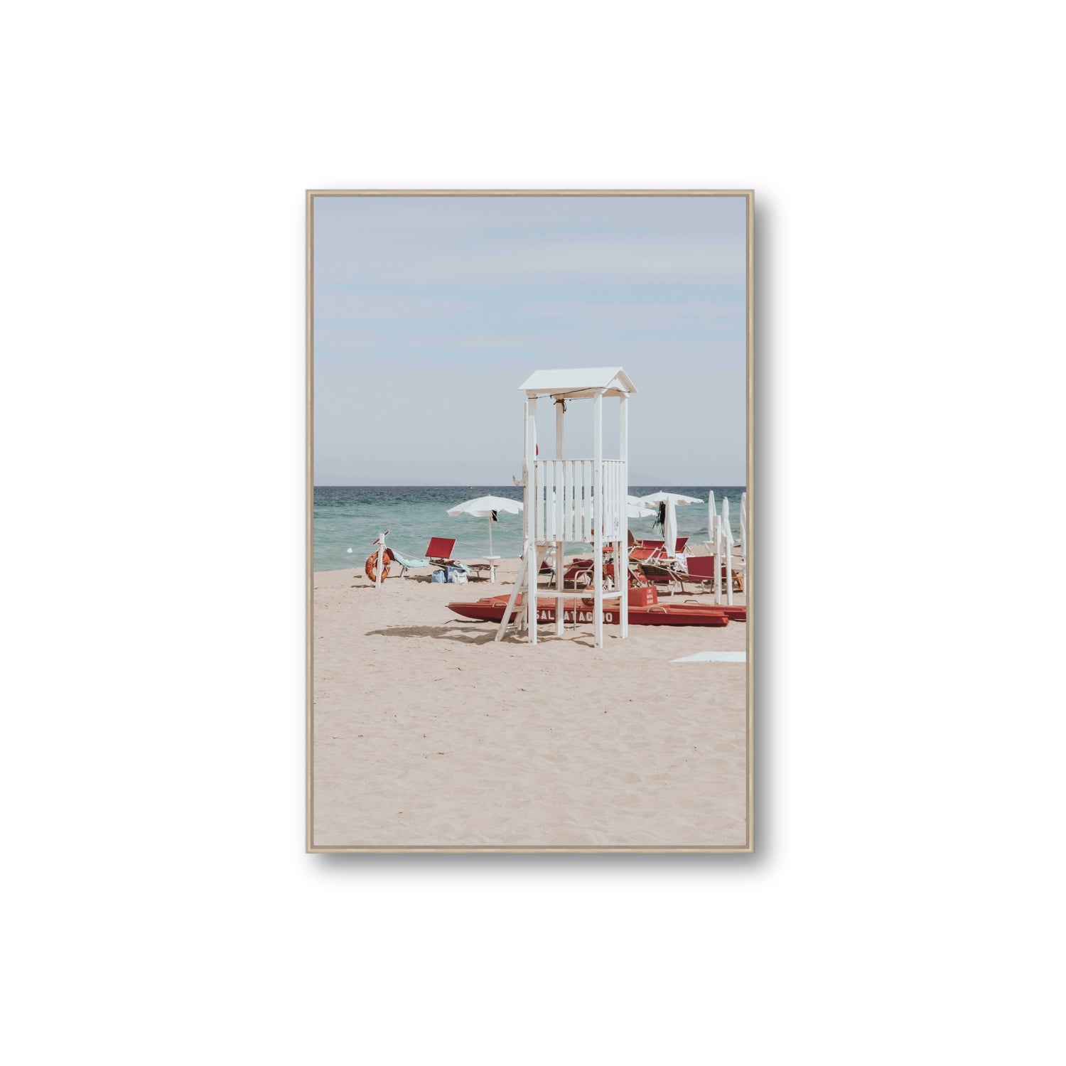 Barefoot Bliss Puglia beach Italian coastal decor wall art Extra Large fine art canvas in natural oak float frame