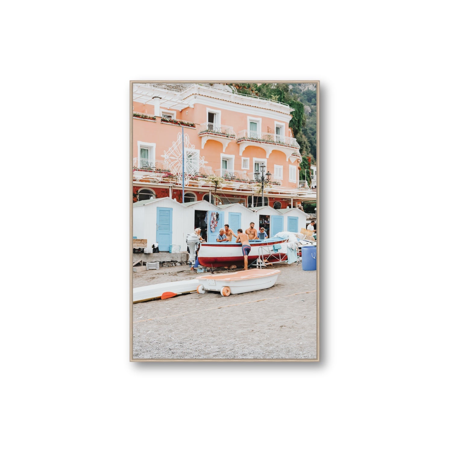 La Riunione della Mattina fine art print, Positano, Italy, Extra Large, Natural Oak Float Frame, Fine Art Canvas