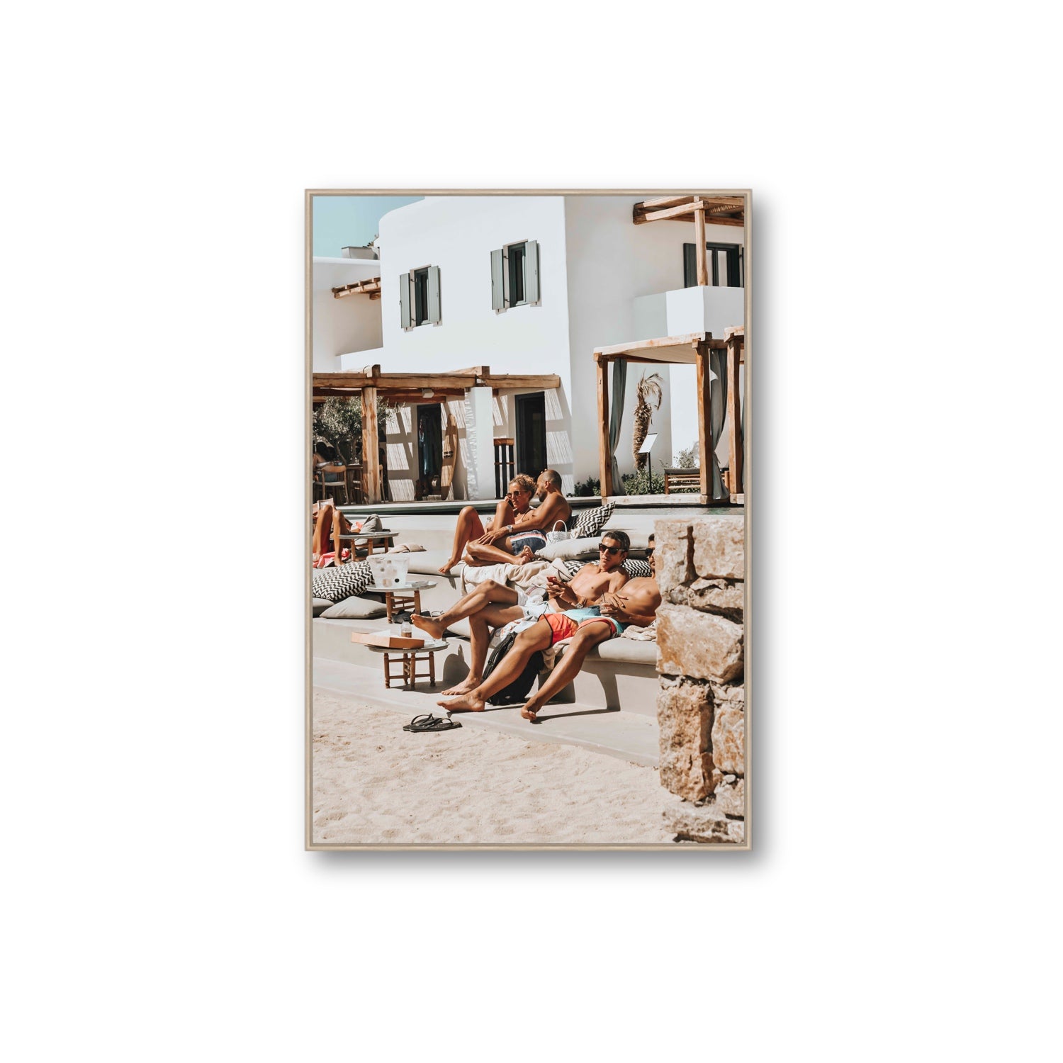 Style That Sizzles Mykonos Greek island wall art Extra Large fine art canvas in natural oak float frame